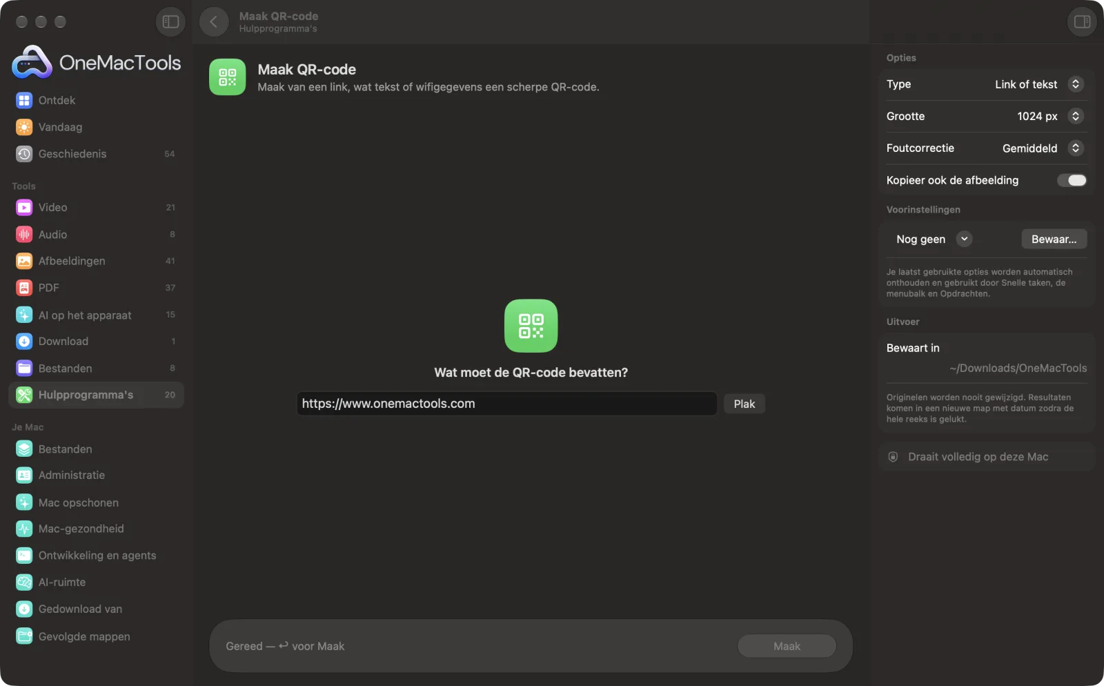 Maak QR-code in OneMacTools met voorbeeldbestanden geladen en het optiepaneel open