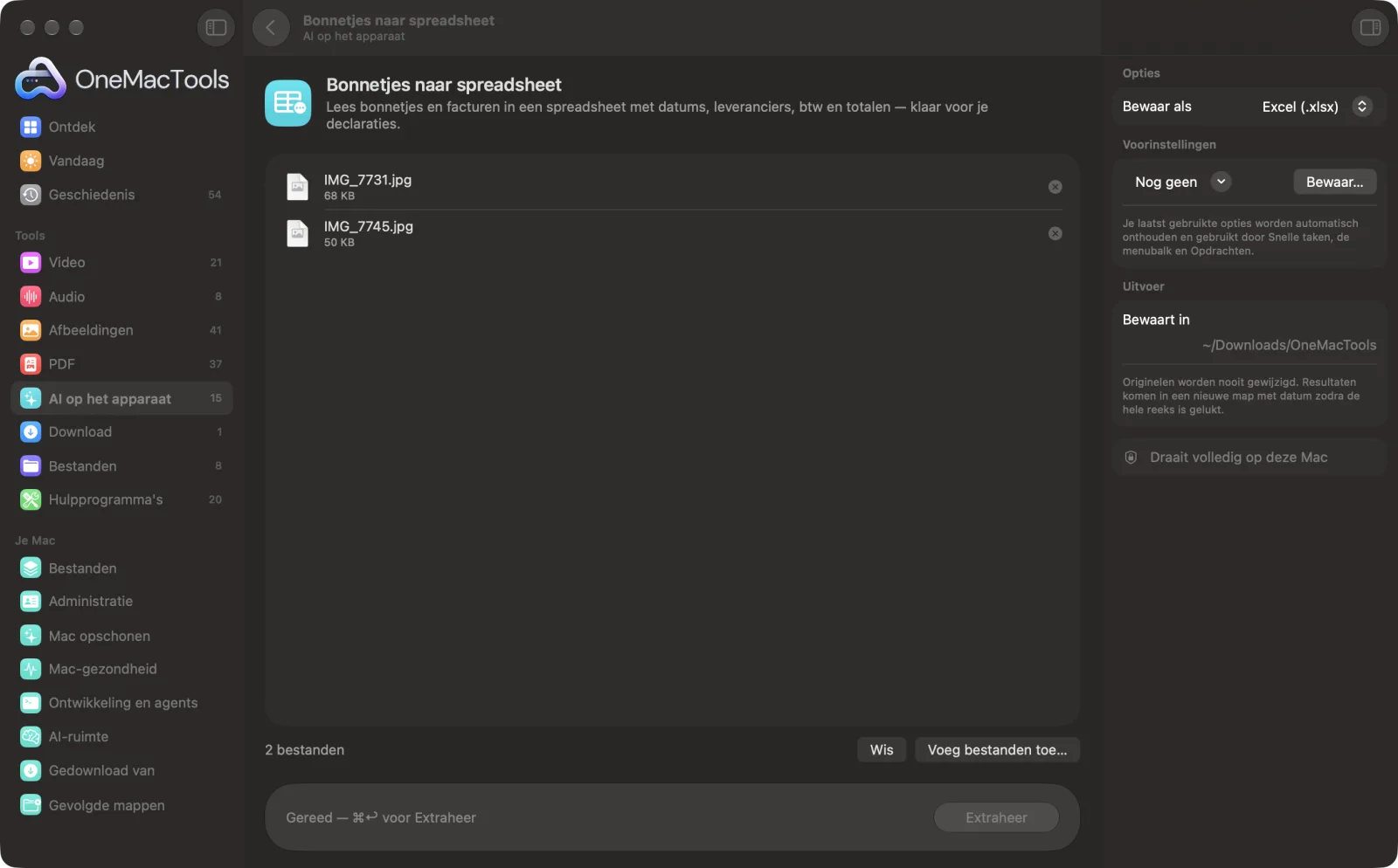 Bonnetjes naar spreadsheet in OneMacTools met voorbeeldbestanden geladen en het optiepaneel open