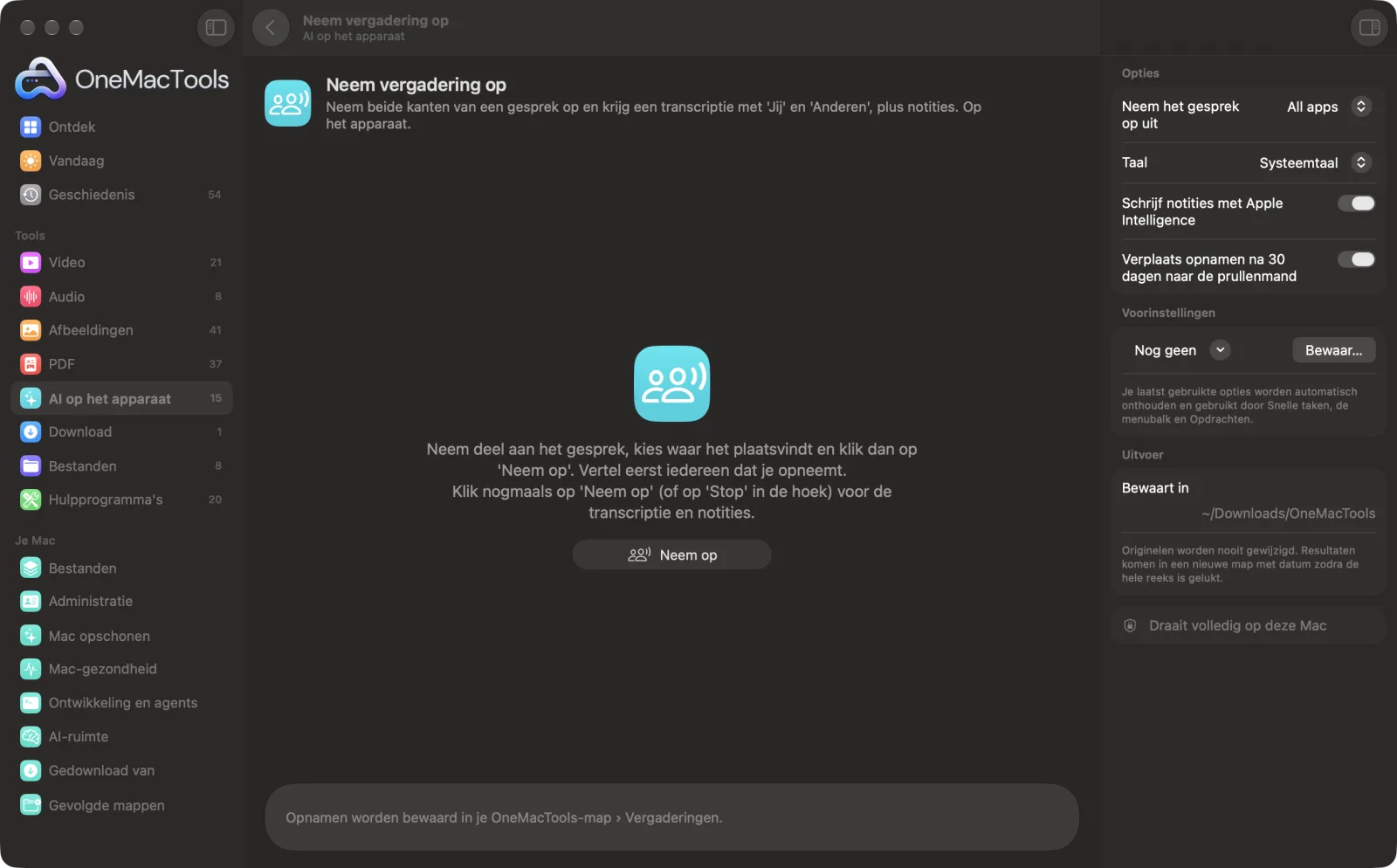 Neem vergadering op in OneMacTools op een Mac, met voorbeeldbestanden en de opties