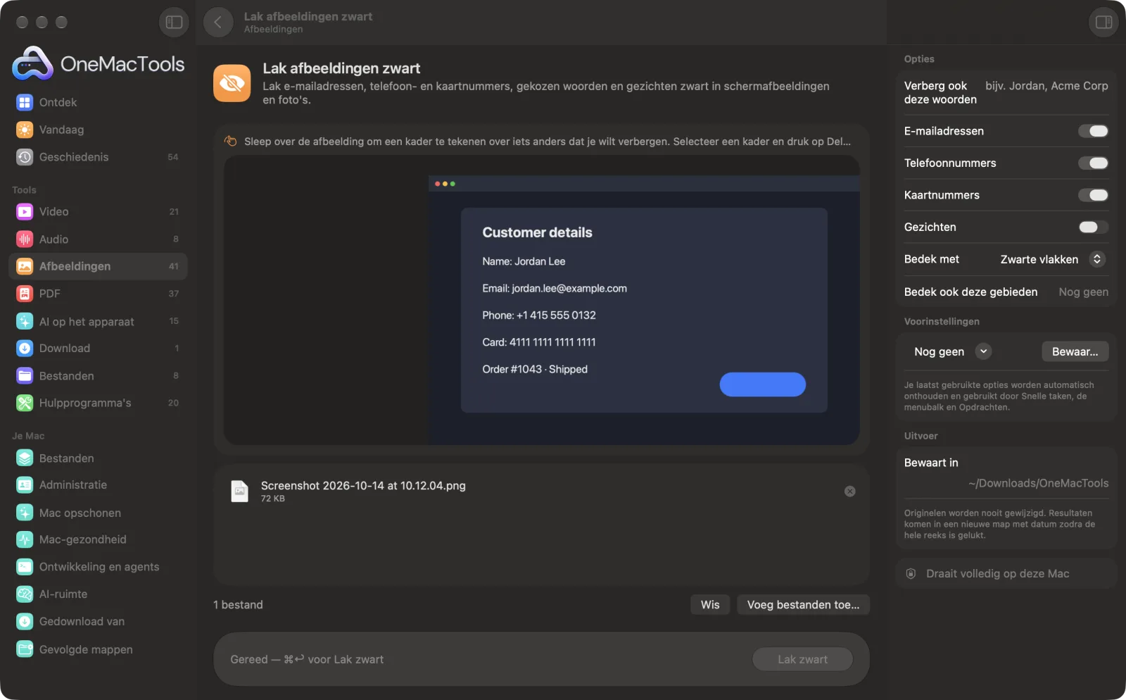 Lak afbeeldingen zwart in OneMacTools op een Mac, met voorbeeldbestanden en de opties