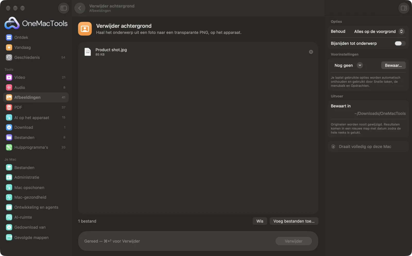 Verwijder achtergrond in OneMacTools met voorbeeldbestanden geladen en het optiepaneel open