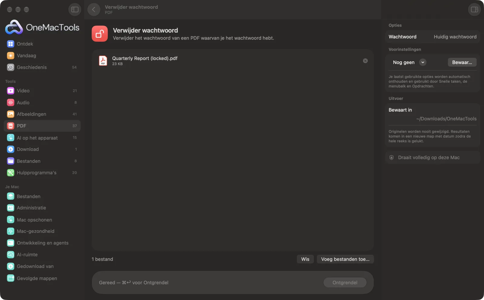 Verwijder wachtwoord in OneMacTools op een Mac, met voorbeeldbestanden en de opties