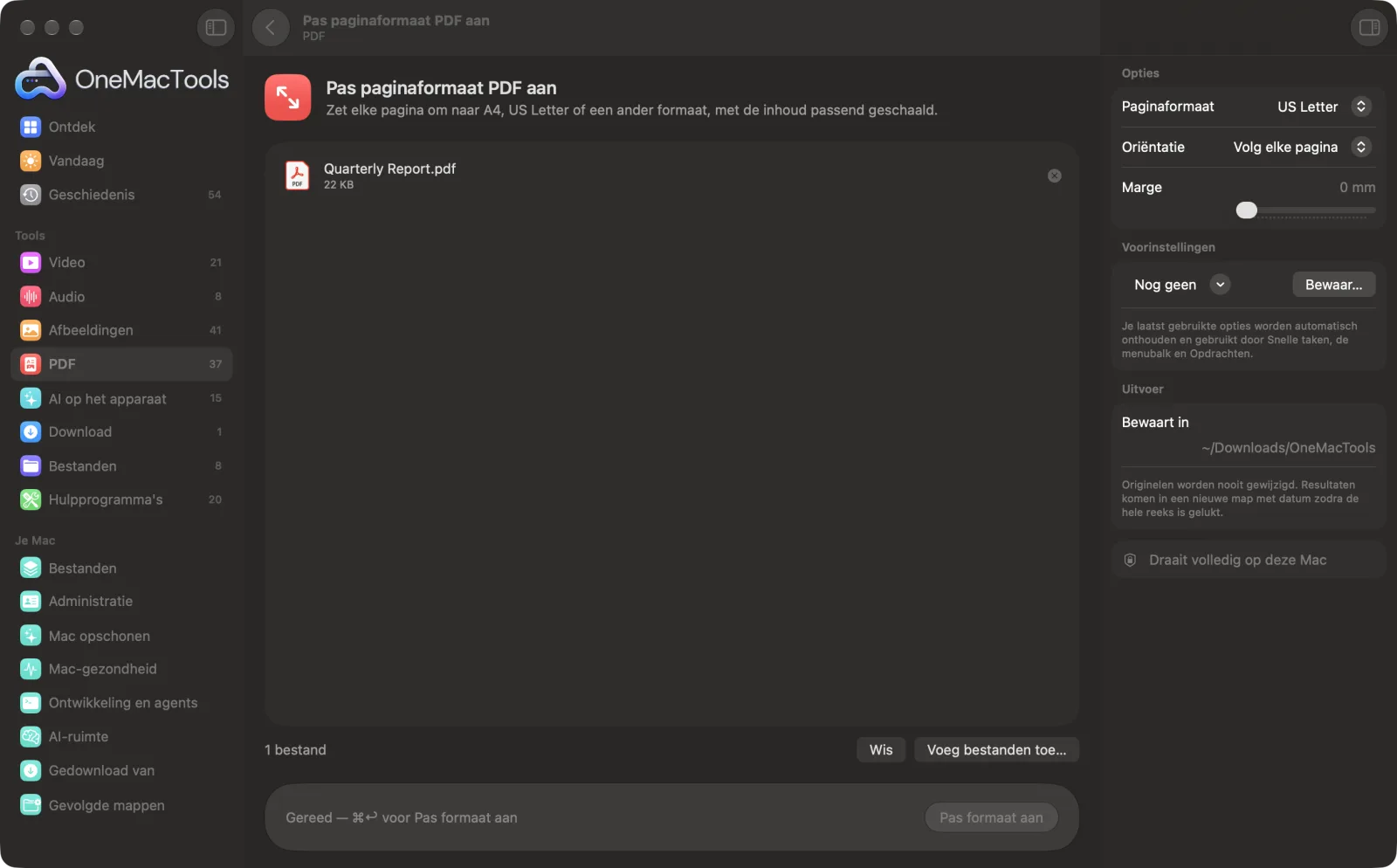 Pas paginaformaat PDF aan in OneMacTools op een Mac, met voorbeeldbestanden en de opties
