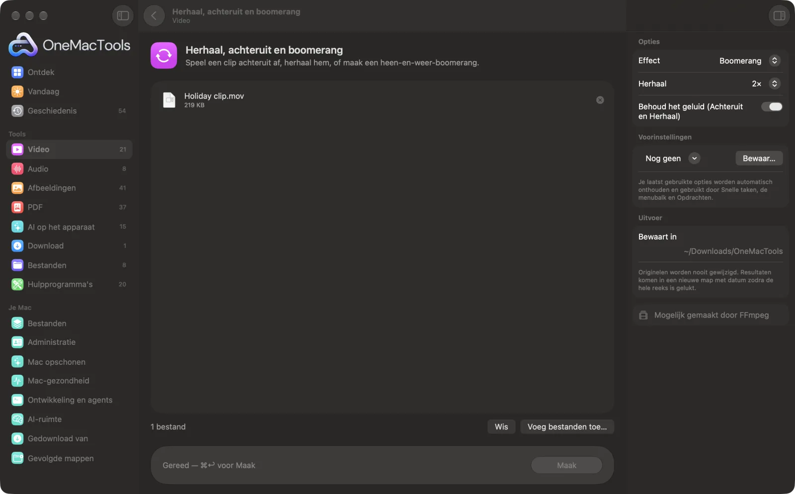 Herhaal, achteruit en boomerang in OneMacTools op een Mac, met voorbeeldbestanden en de opties