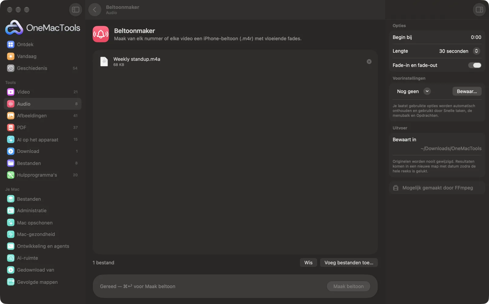 Beltoonmaker in OneMacTools op een Mac, met voorbeeldbestanden en de opties