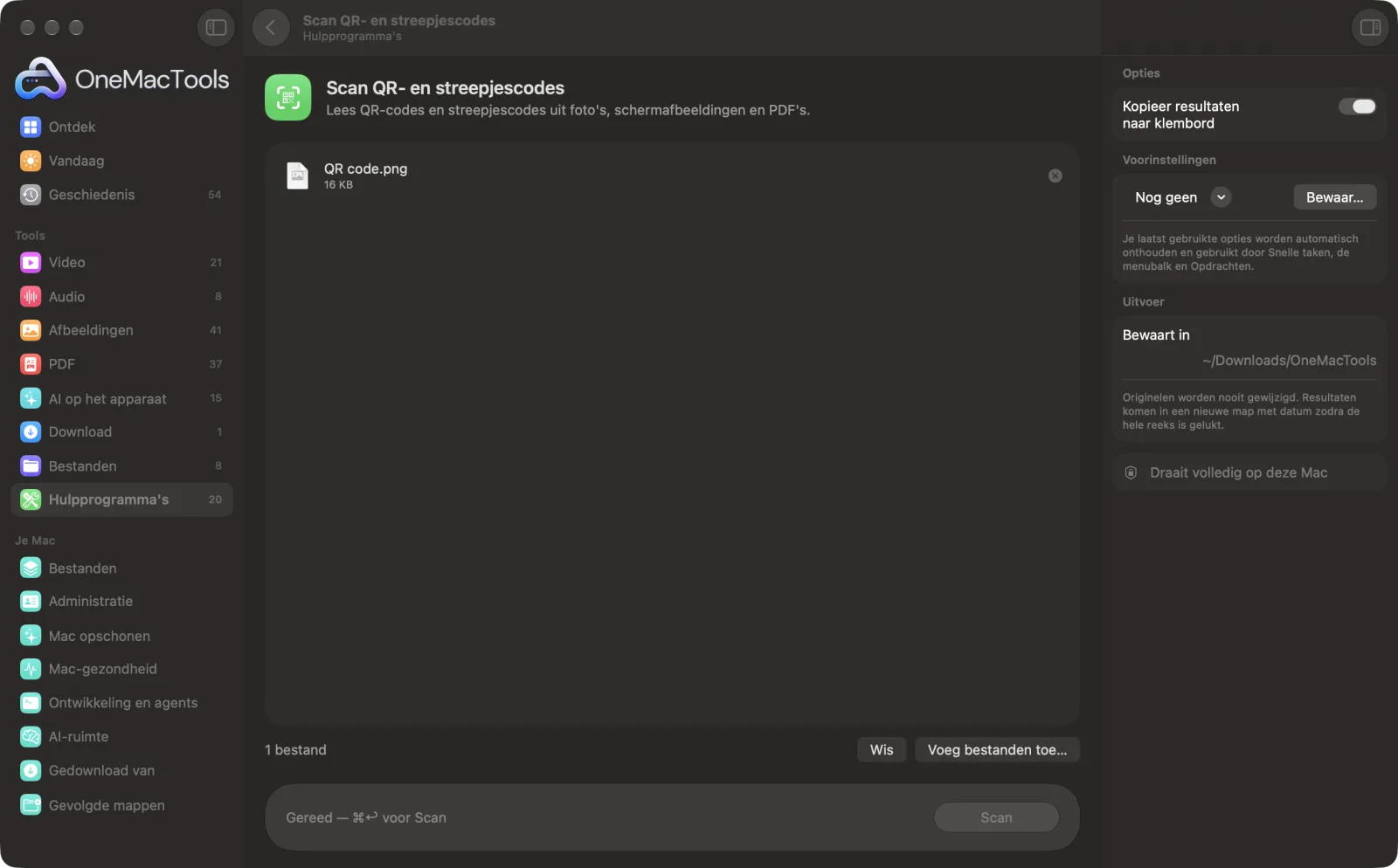 Scan QR- en streepjescodes in OneMacTools op een Mac, met voorbeeldbestanden en de opties