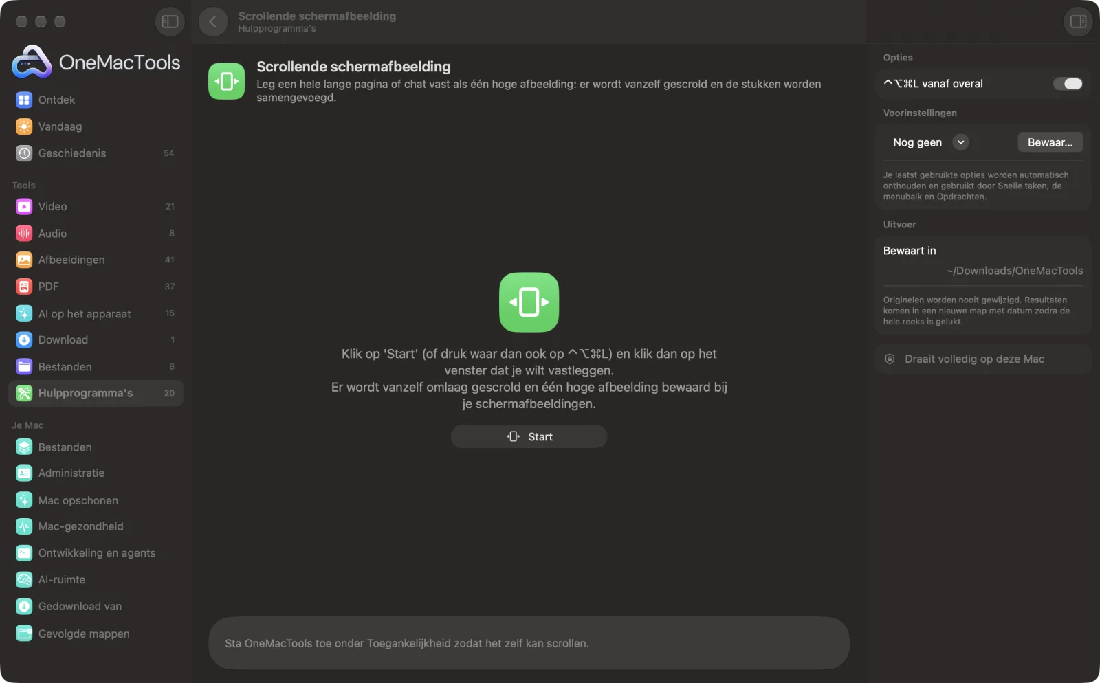 Scrollende schermafbeelding in OneMacTools op een Mac, met voorbeeldbestanden en de opties