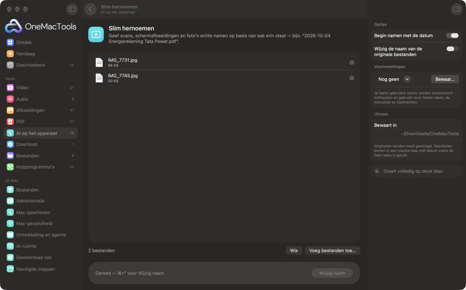 Slim hernoemen in OneMacTools op een Mac, met voorbeeldbestanden en de opties