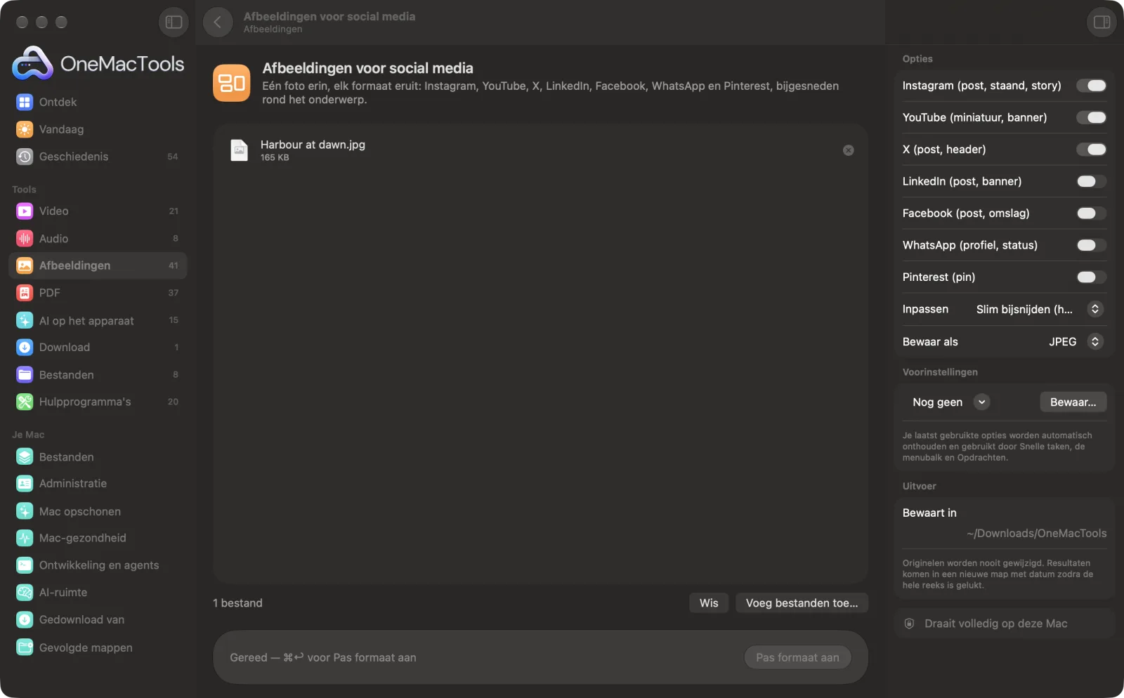 Afbeeldingen voor social media in OneMacTools op een Mac, met voorbeeldbestanden en de opties