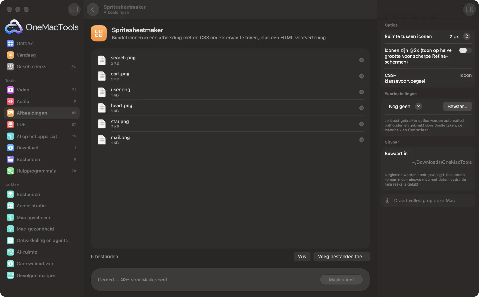 Spritesheetmaker in OneMacTools op een Mac, met voorbeeldbestanden en de opties