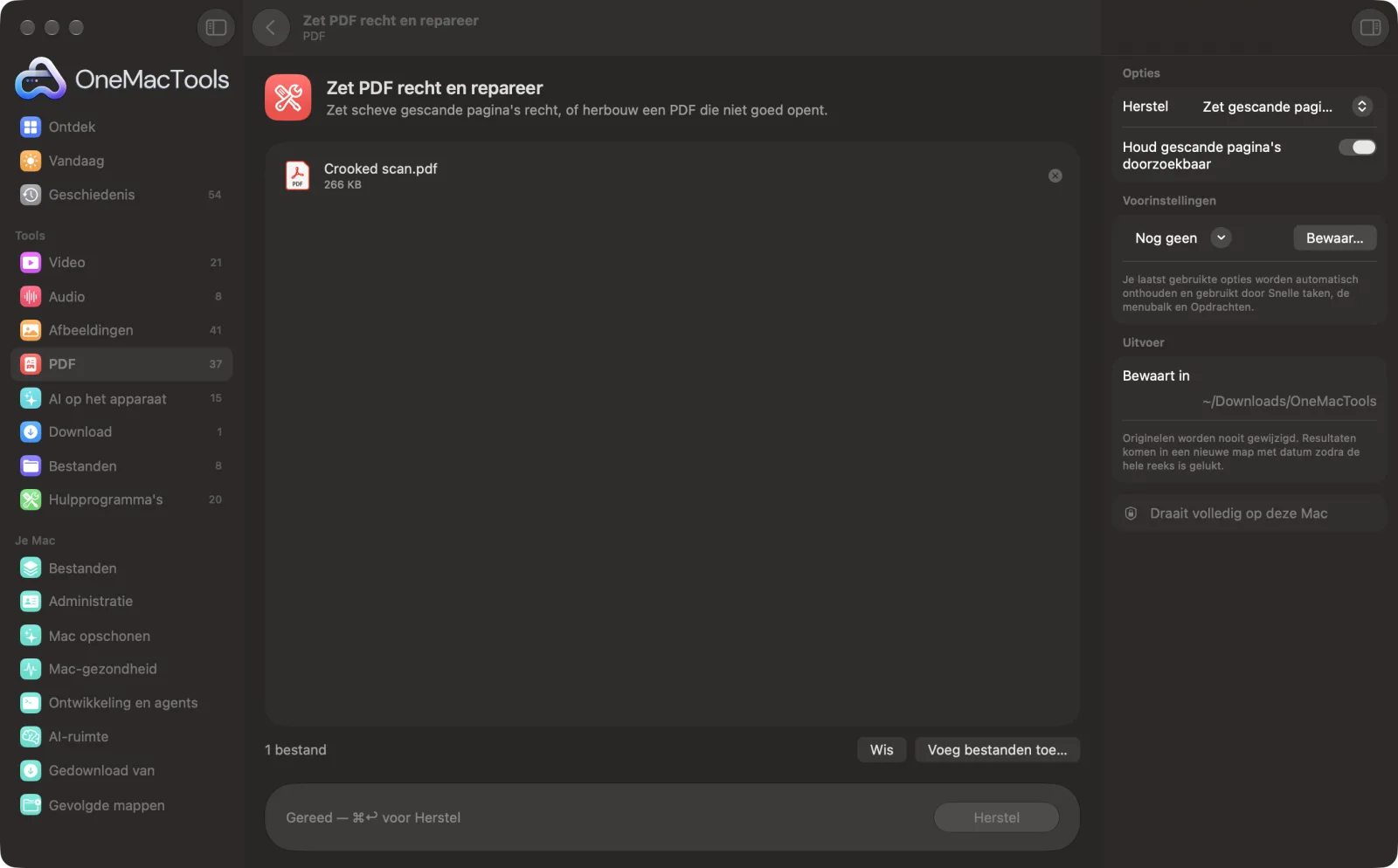 Zet PDF recht en repareer in OneMacTools op een Mac, met voorbeeldbestanden en de opties