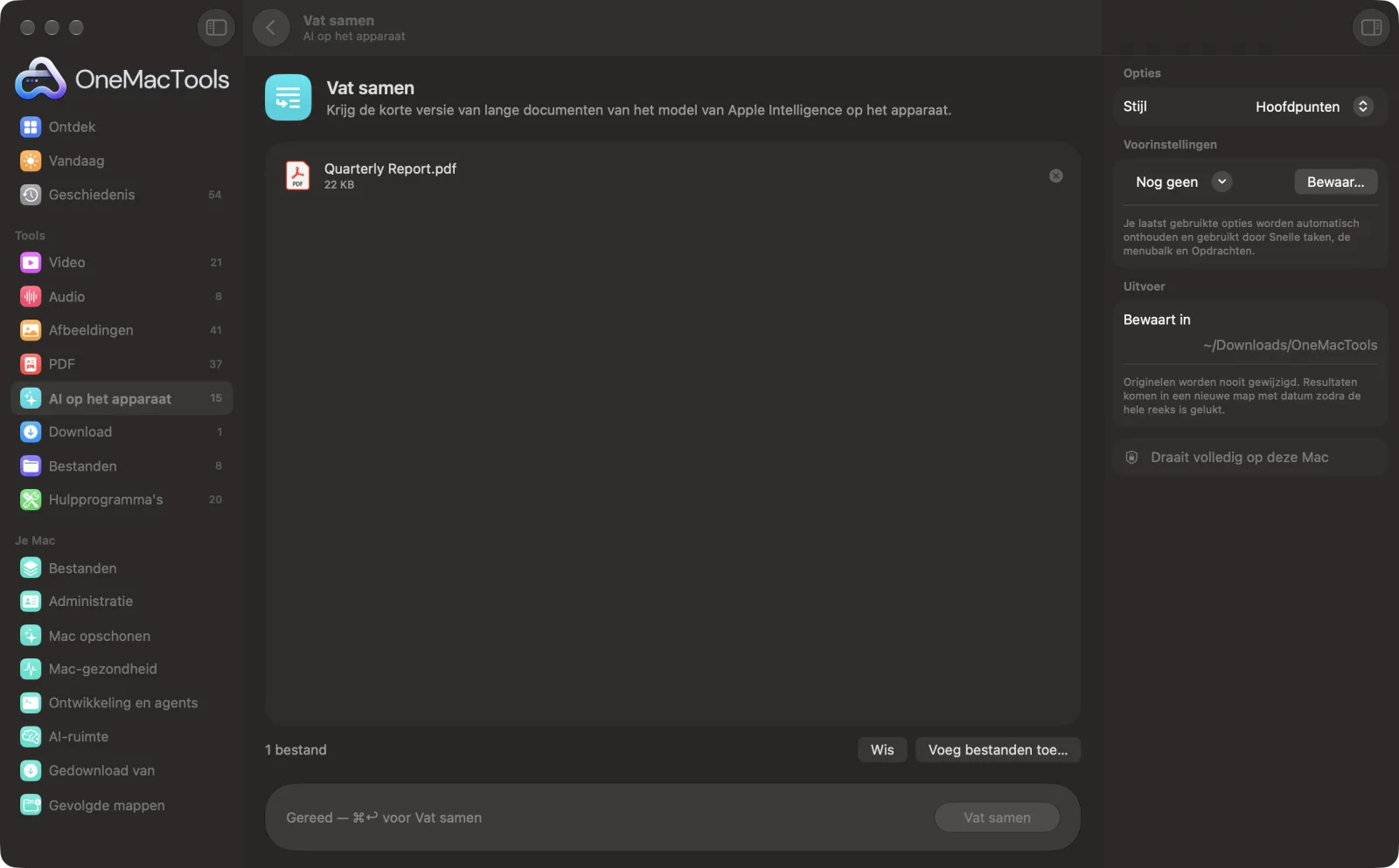 Vat samen in OneMacTools op een Mac, met voorbeeldbestanden en de opties