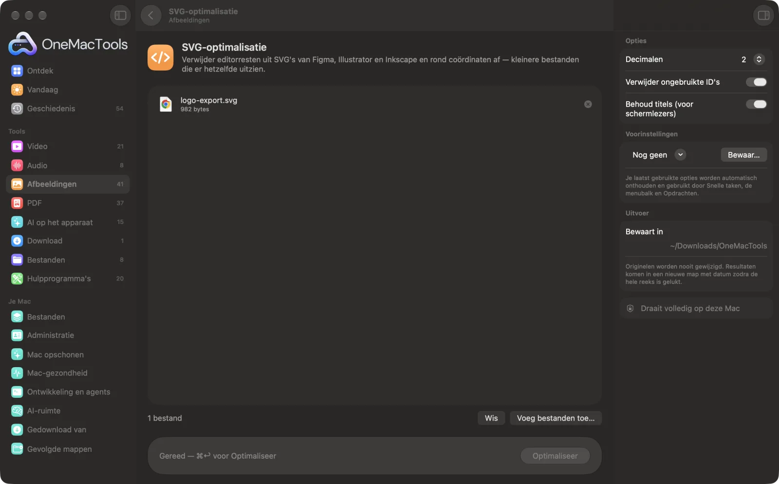 SVG-optimalisatie in OneMacTools op een Mac, met voorbeeldbestanden en de opties