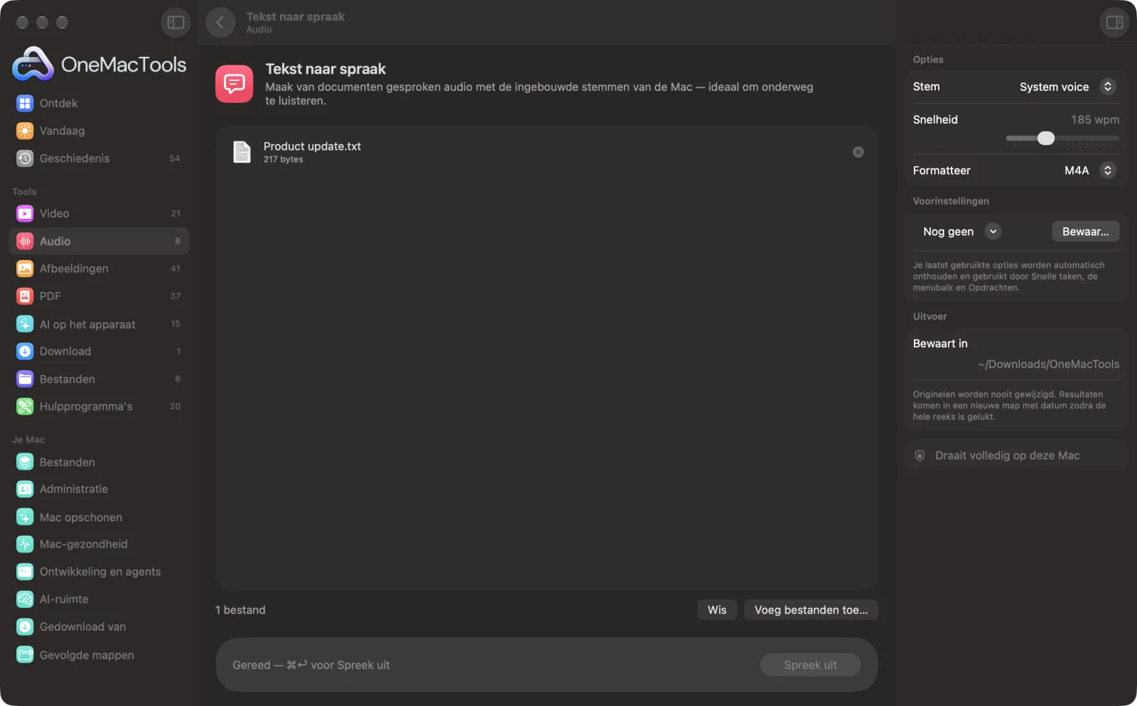 Tekst naar spraak in OneMacTools op een Mac, met voorbeeldbestanden en de opties