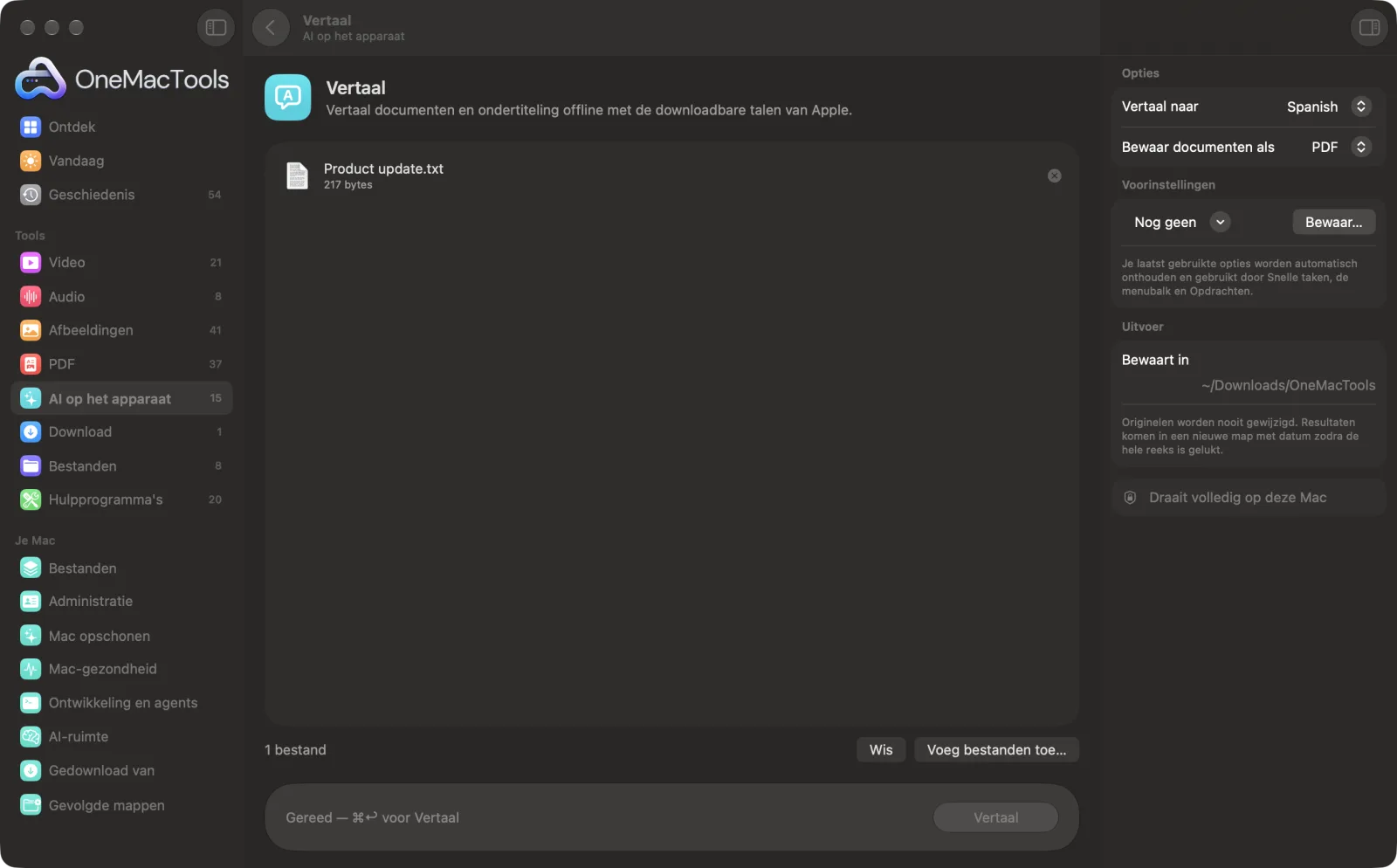 Vertaal in OneMacTools op een Mac, met voorbeeldbestanden en de opties