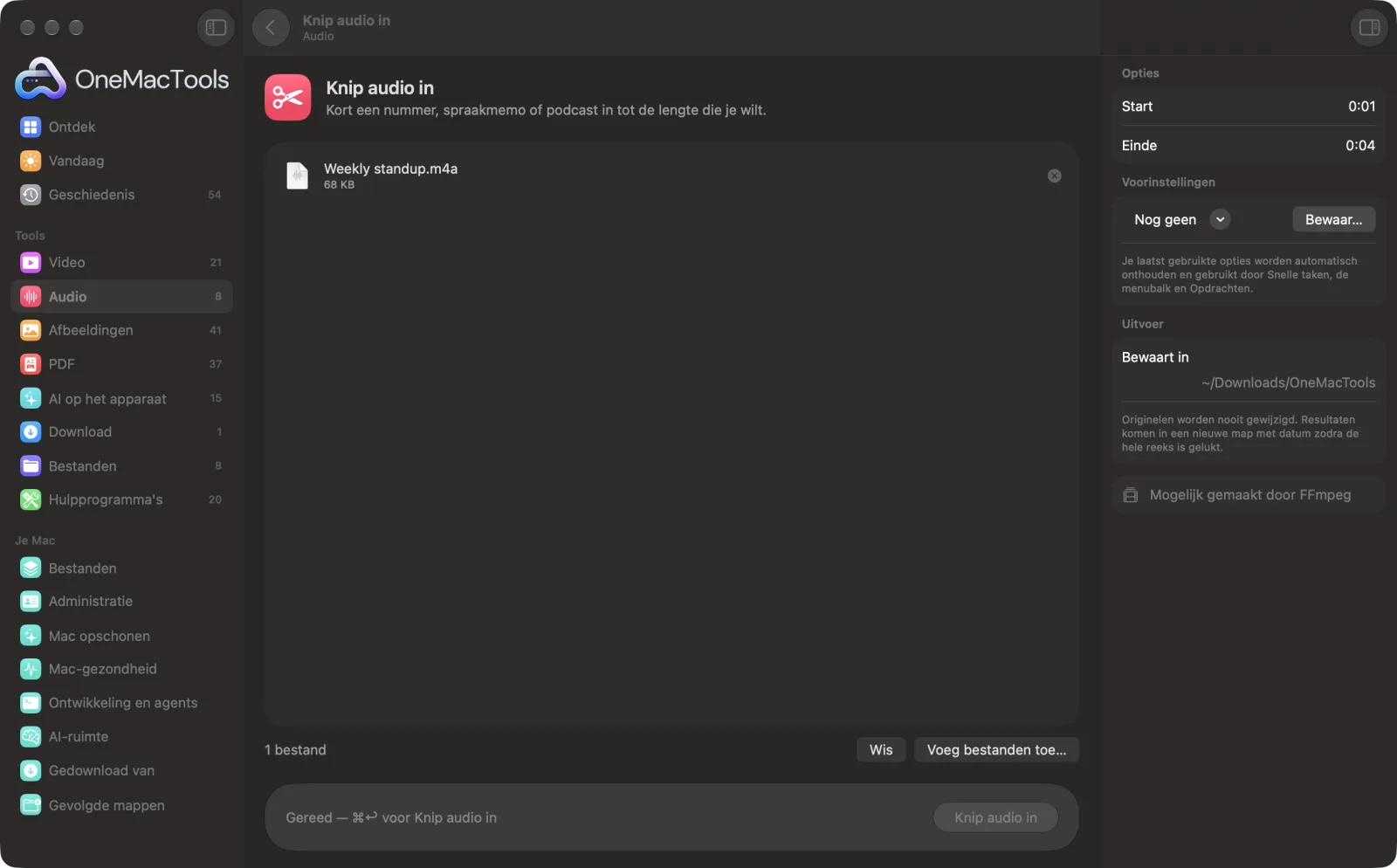 Knip audio in in OneMacTools op een Mac, met voorbeeldbestanden en de opties