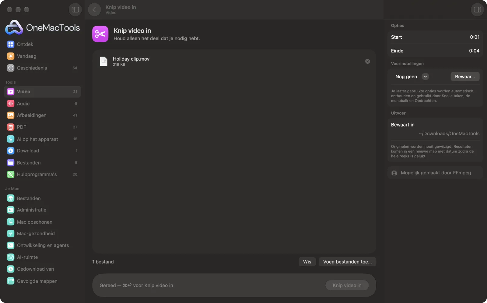 Knip video in in OneMacTools op een Mac, met voorbeeldbestanden en de opties