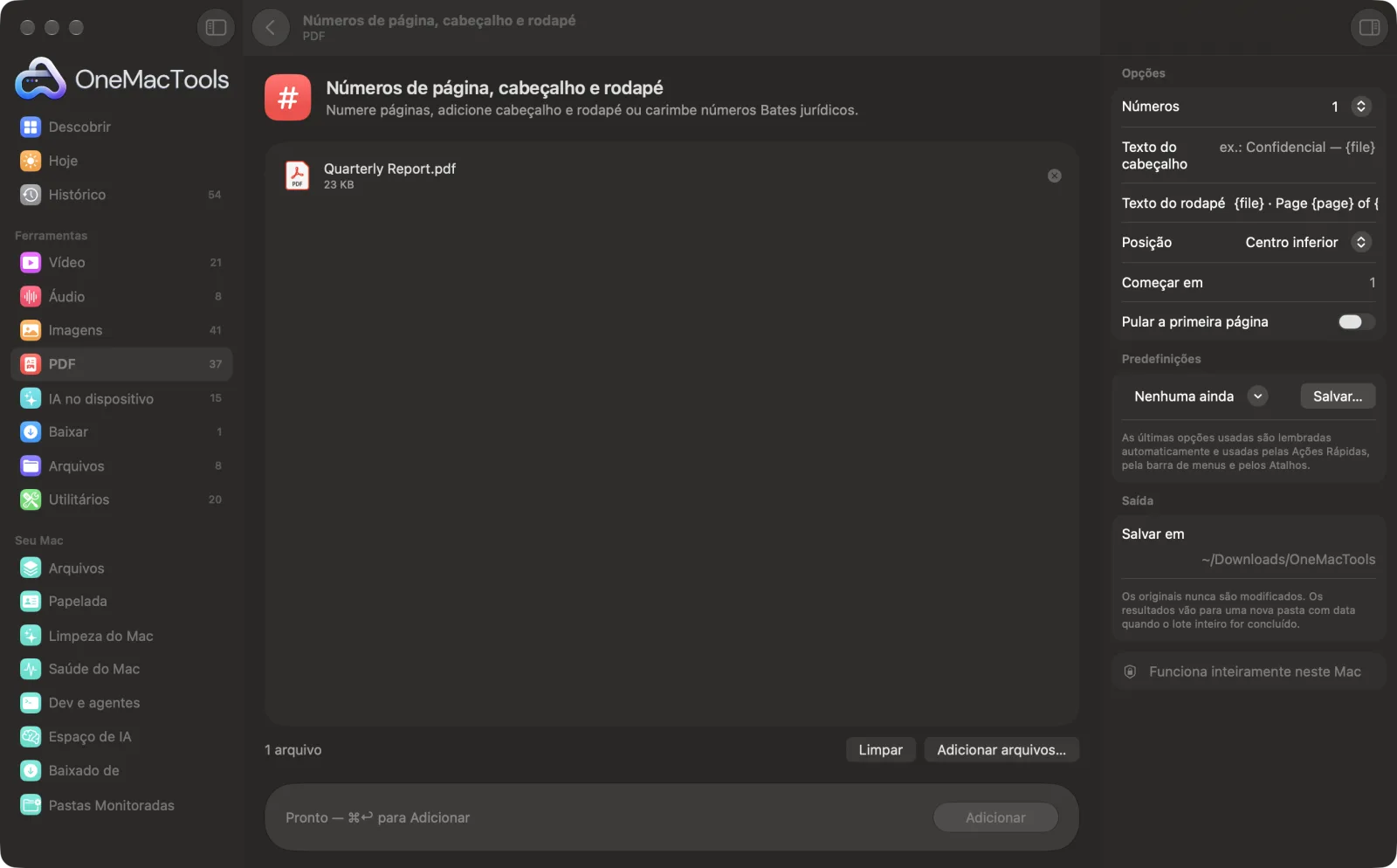 Números de página, cabeçalho e rodapé no OneMacTools em um Mac, com arquivos de exemplo e suas opções
