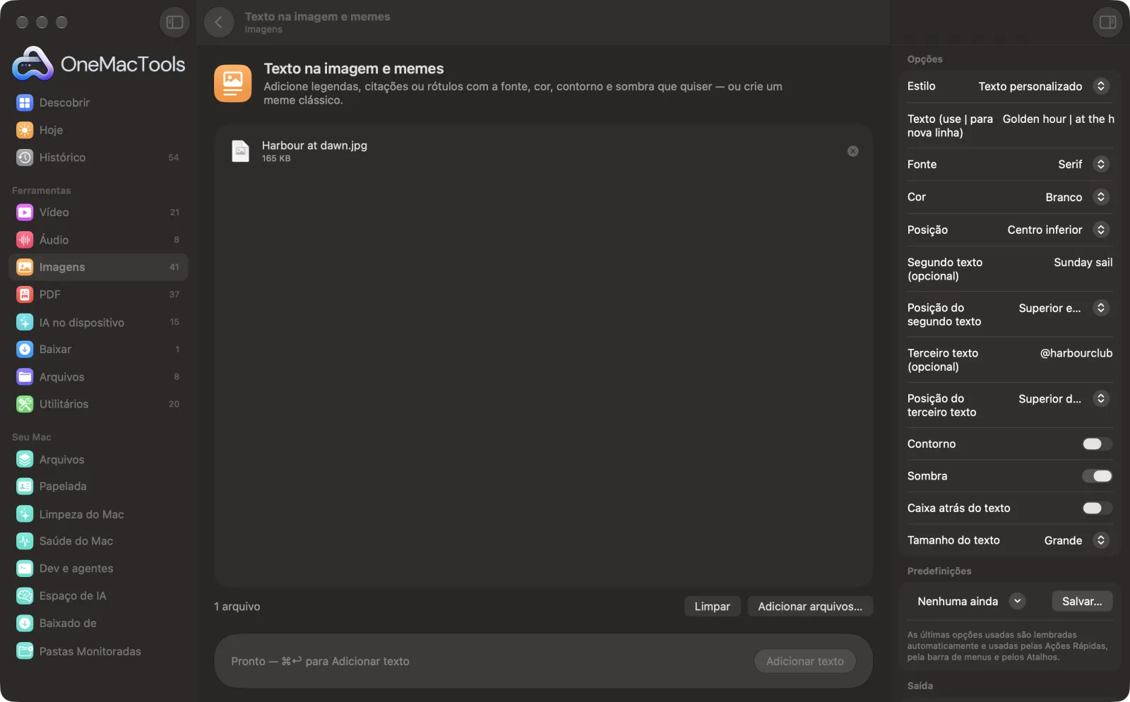 Texto na imagem e memes no OneMacTools com arquivos de exemplo carregados e o painel de opções aberto