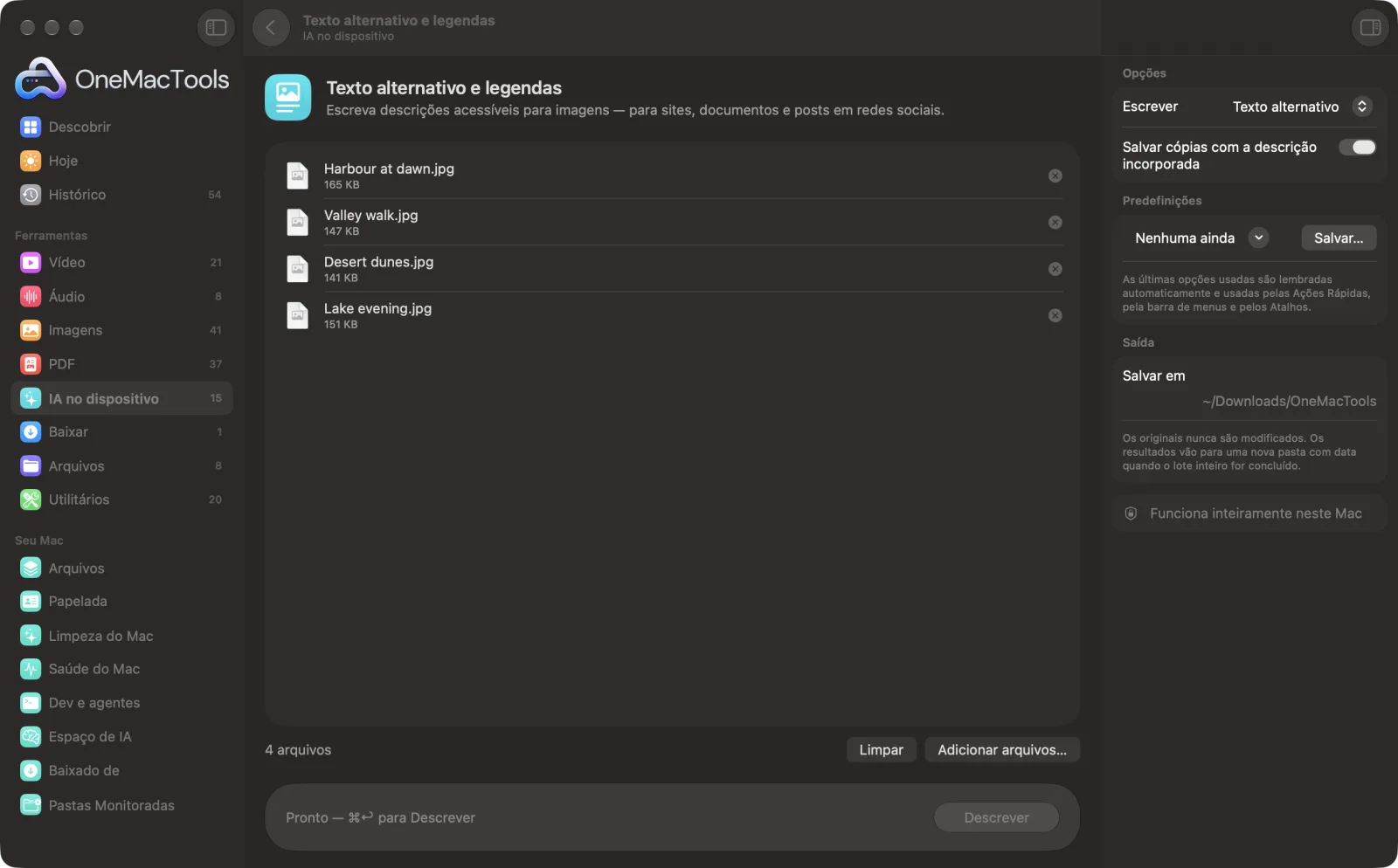 Texto alternativo e legendas no OneMacTools em um Mac, com arquivos de exemplo e suas opções