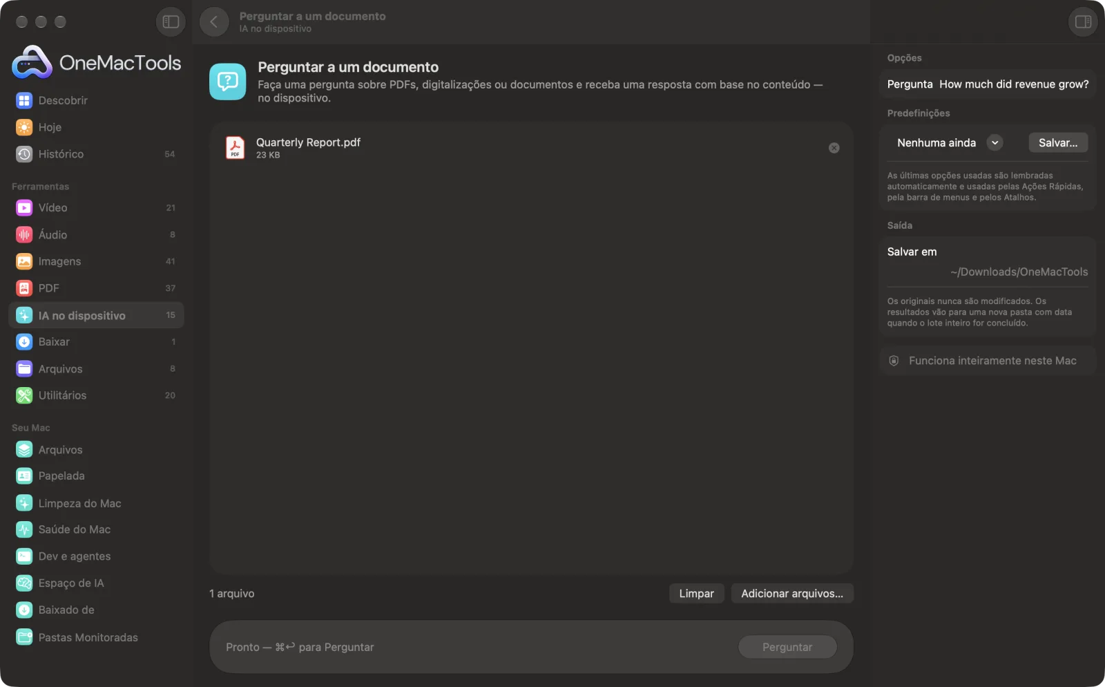 Perguntar a um documento no OneMacTools em um Mac, com arquivos de exemplo e suas opções