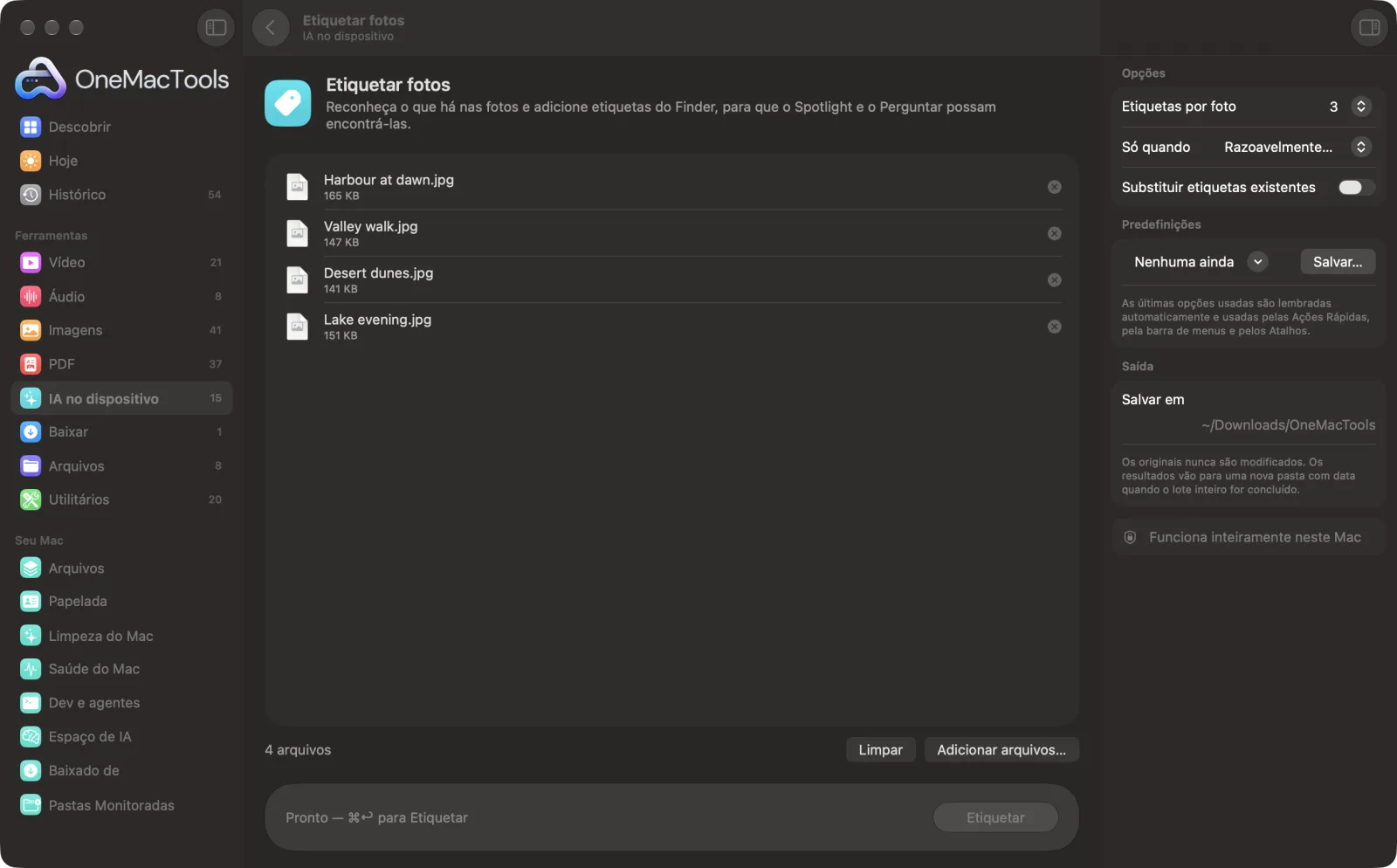 Etiquetar fotos no OneMacTools em um Mac, com arquivos de exemplo e suas opções