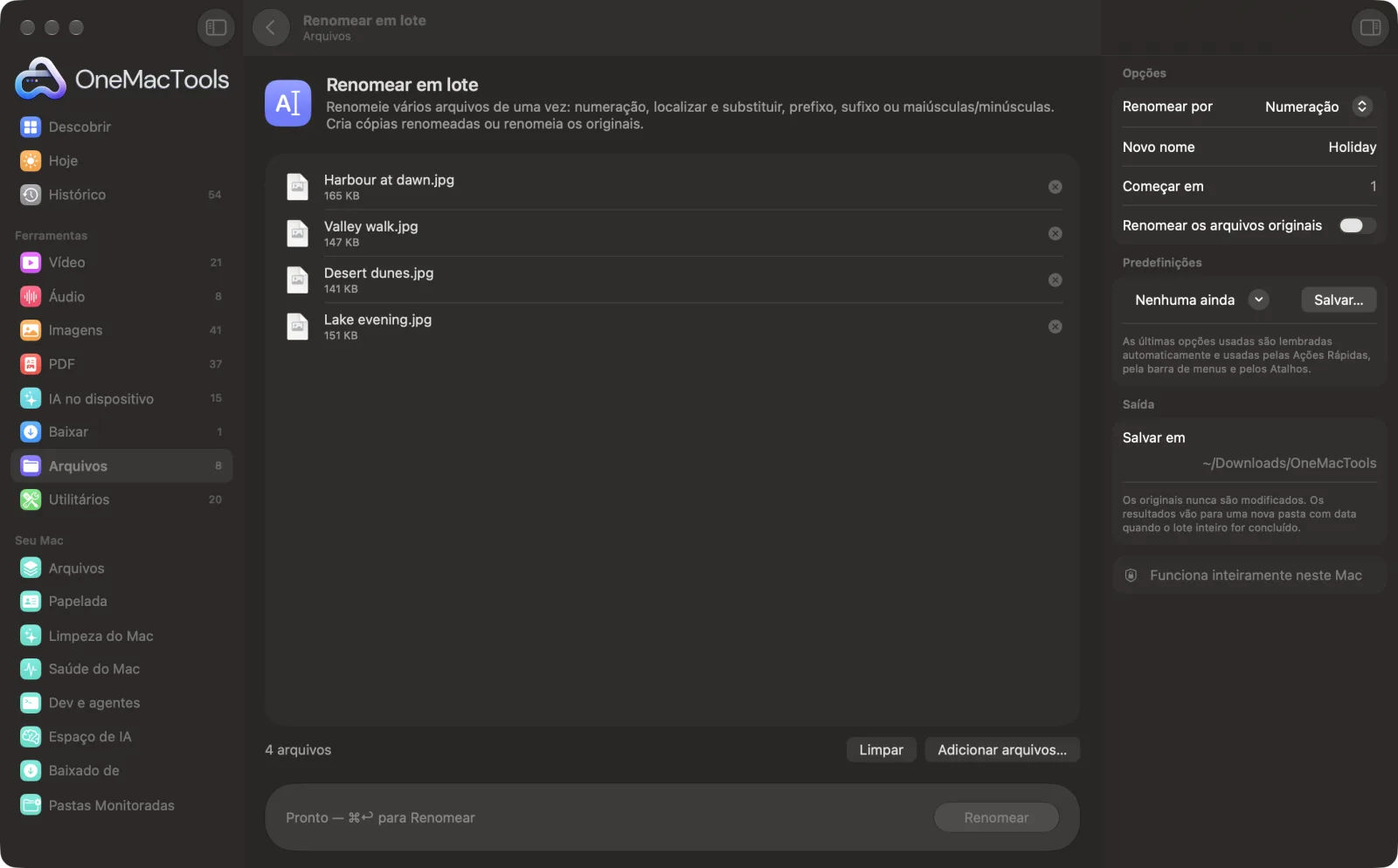 Renomear em lote no OneMacTools em um Mac, com arquivos de exemplo e suas opções
