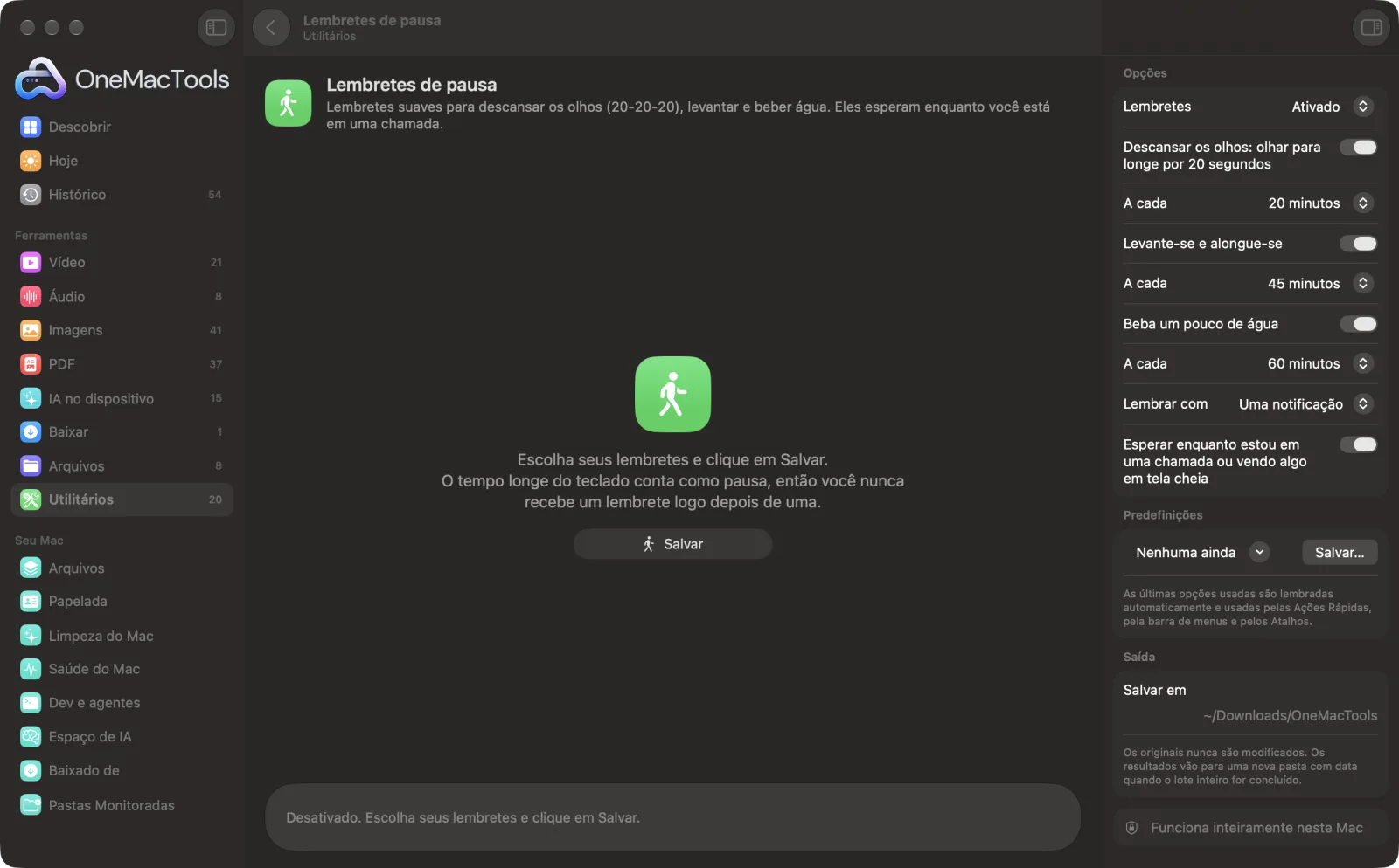 Lembretes de pausa no OneMacTools em um Mac, com arquivos de exemplo e suas opções