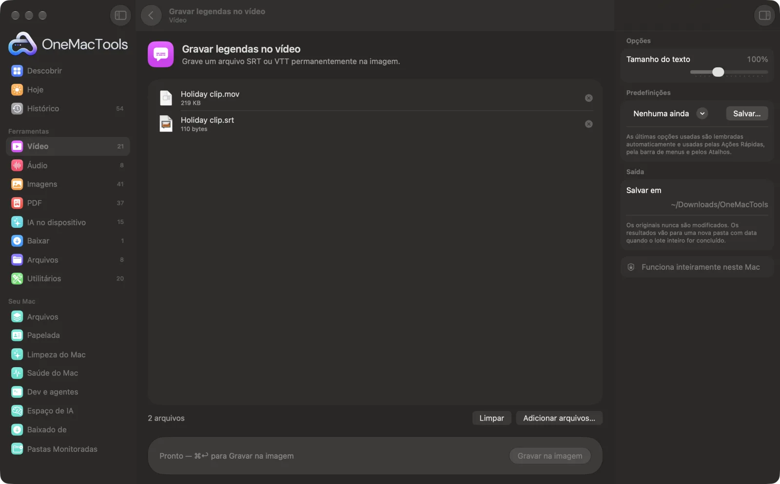 Gravar legendas no vídeo no OneMacTools em um Mac, com arquivos de exemplo e suas opções