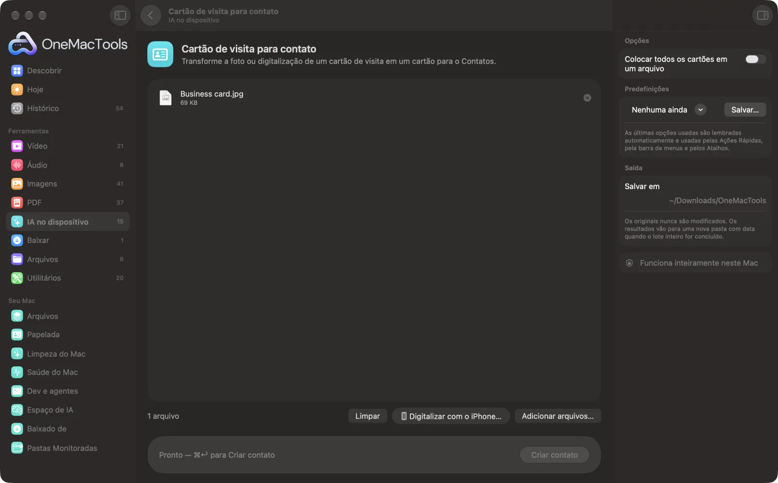 Cartão de visita para contato no OneMacTools em um Mac, com arquivos de exemplo e suas opções