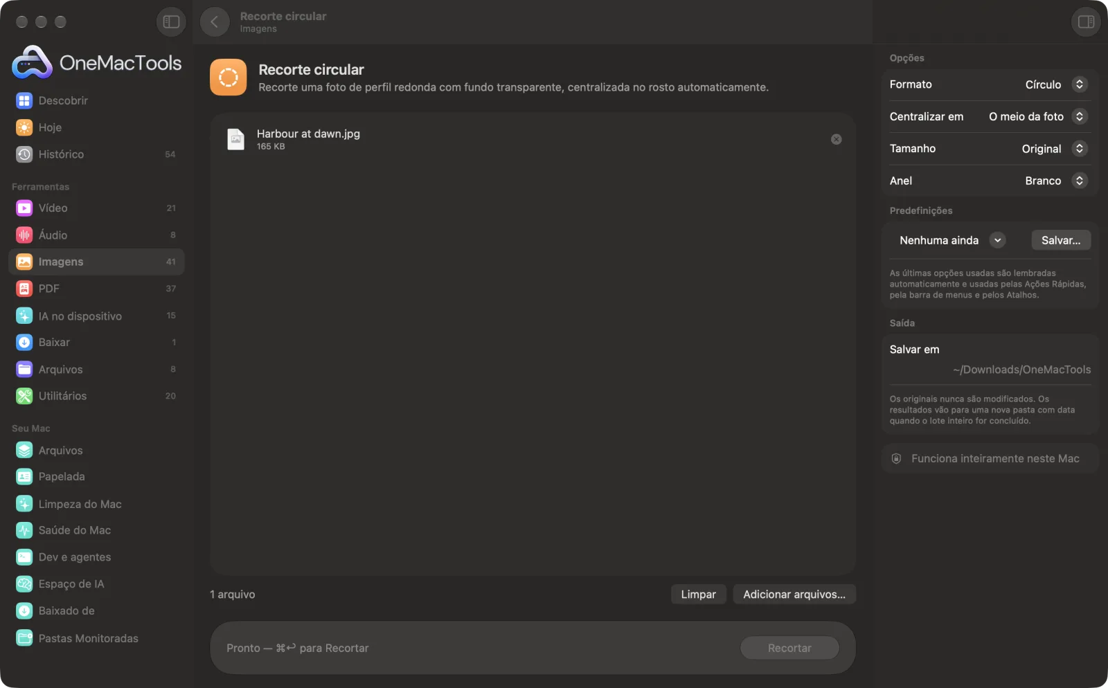 Recorte circular no OneMacTools em um Mac, com arquivos de exemplo e suas opções