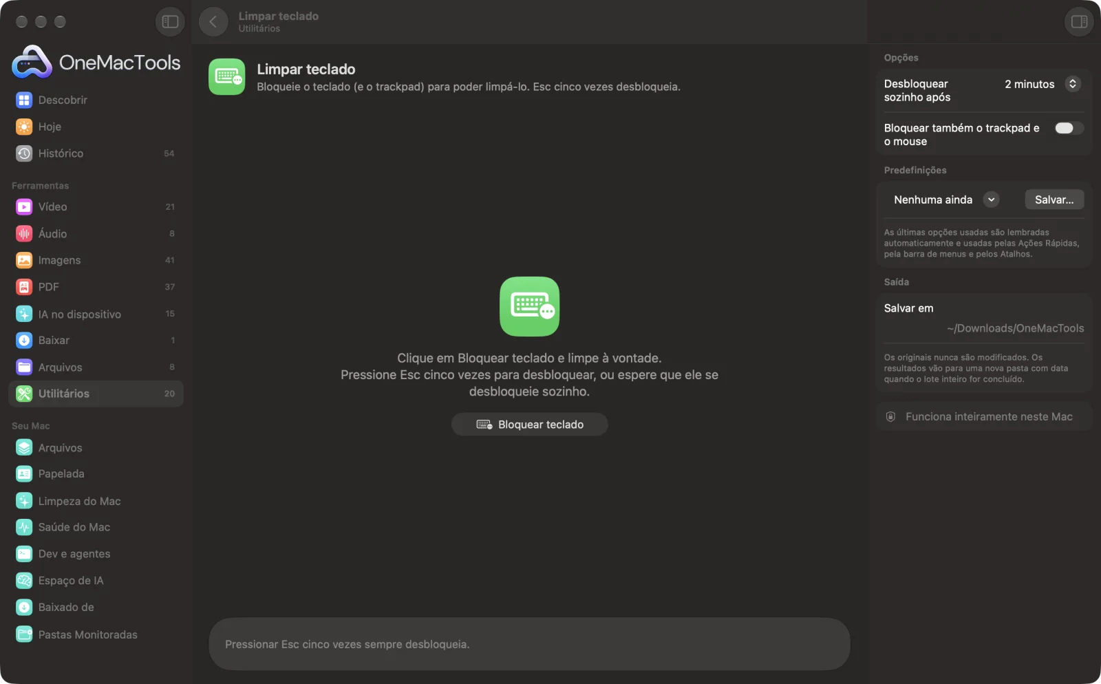 Limpar teclado no OneMacTools em um Mac, com arquivos de exemplo e suas opções