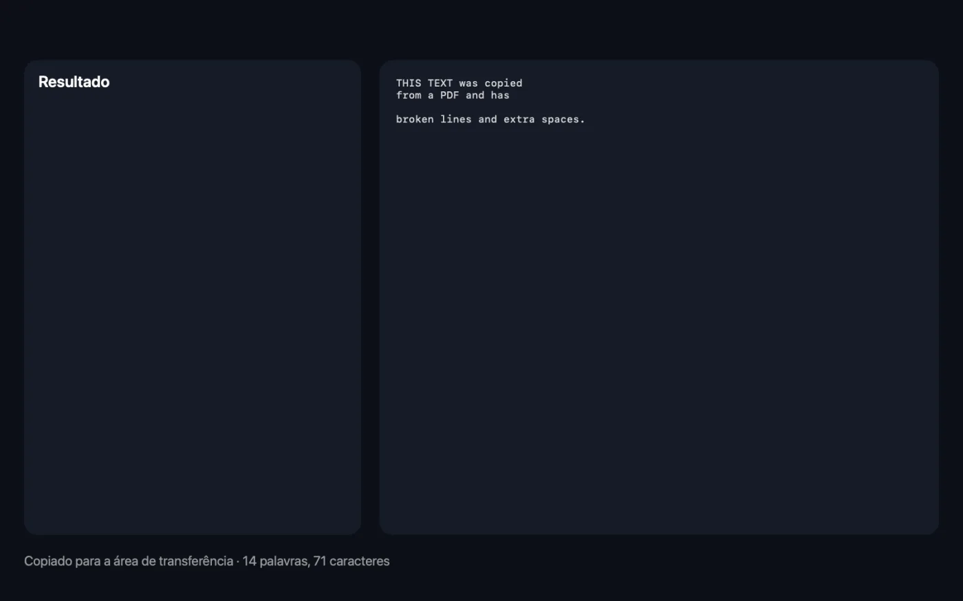 O resultado de Limpar texto nos arquivos de exemplo