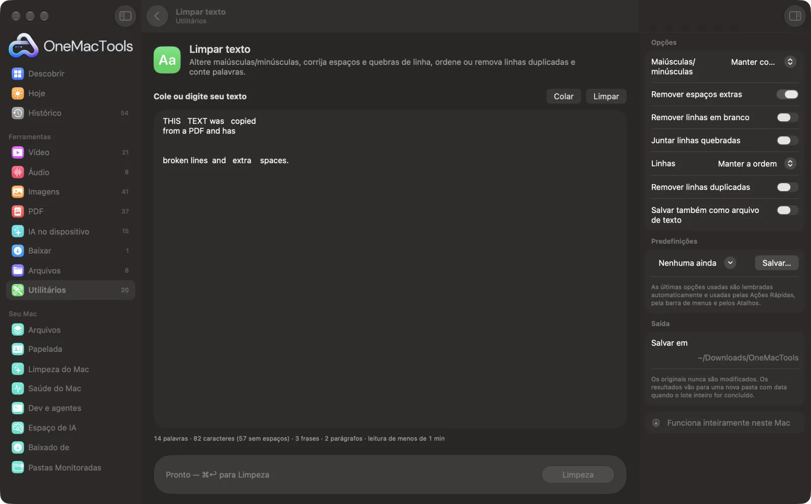 Limpar texto no OneMacTools com arquivos de exemplo carregados e o painel de opções aberto