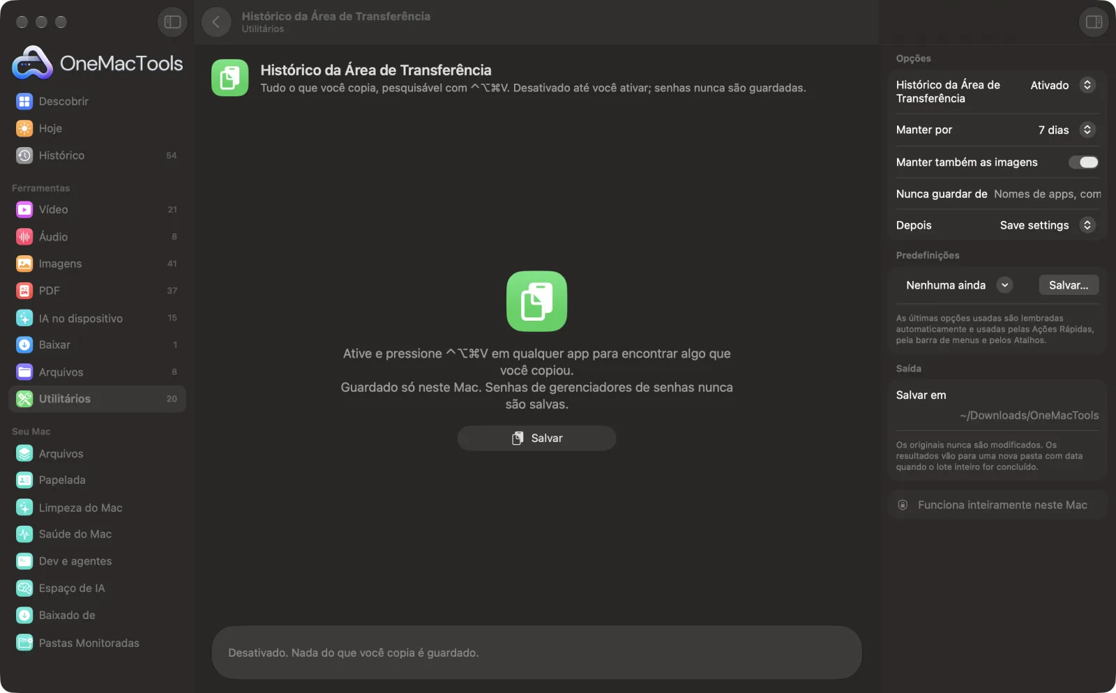 Histórico da Área de Transferência no OneMacTools em um Mac, com arquivos de exemplo e suas opções