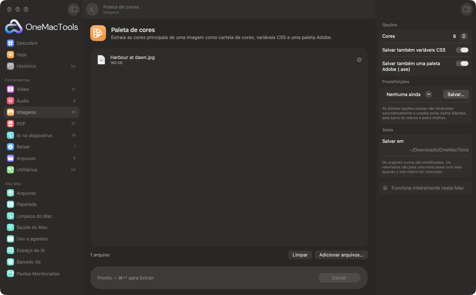Paleta de cores no OneMacTools em um Mac, com arquivos de exemplo e suas opções