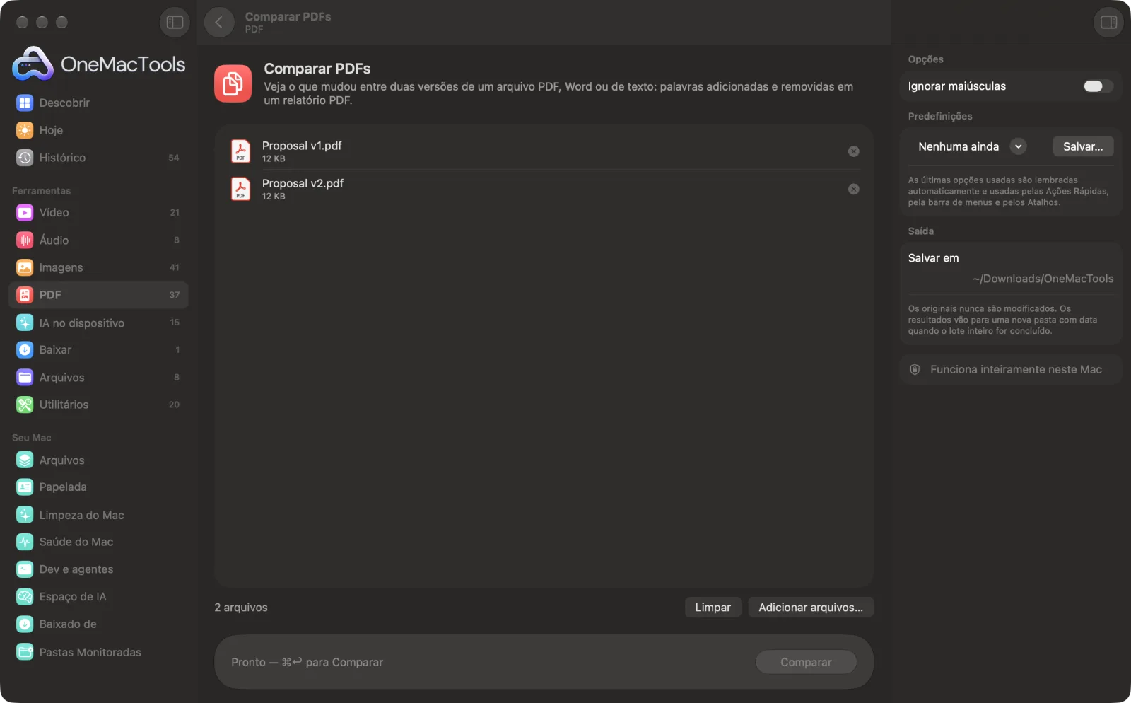 Comparar PDFs no OneMacTools em um Mac, com arquivos de exemplo e suas opções