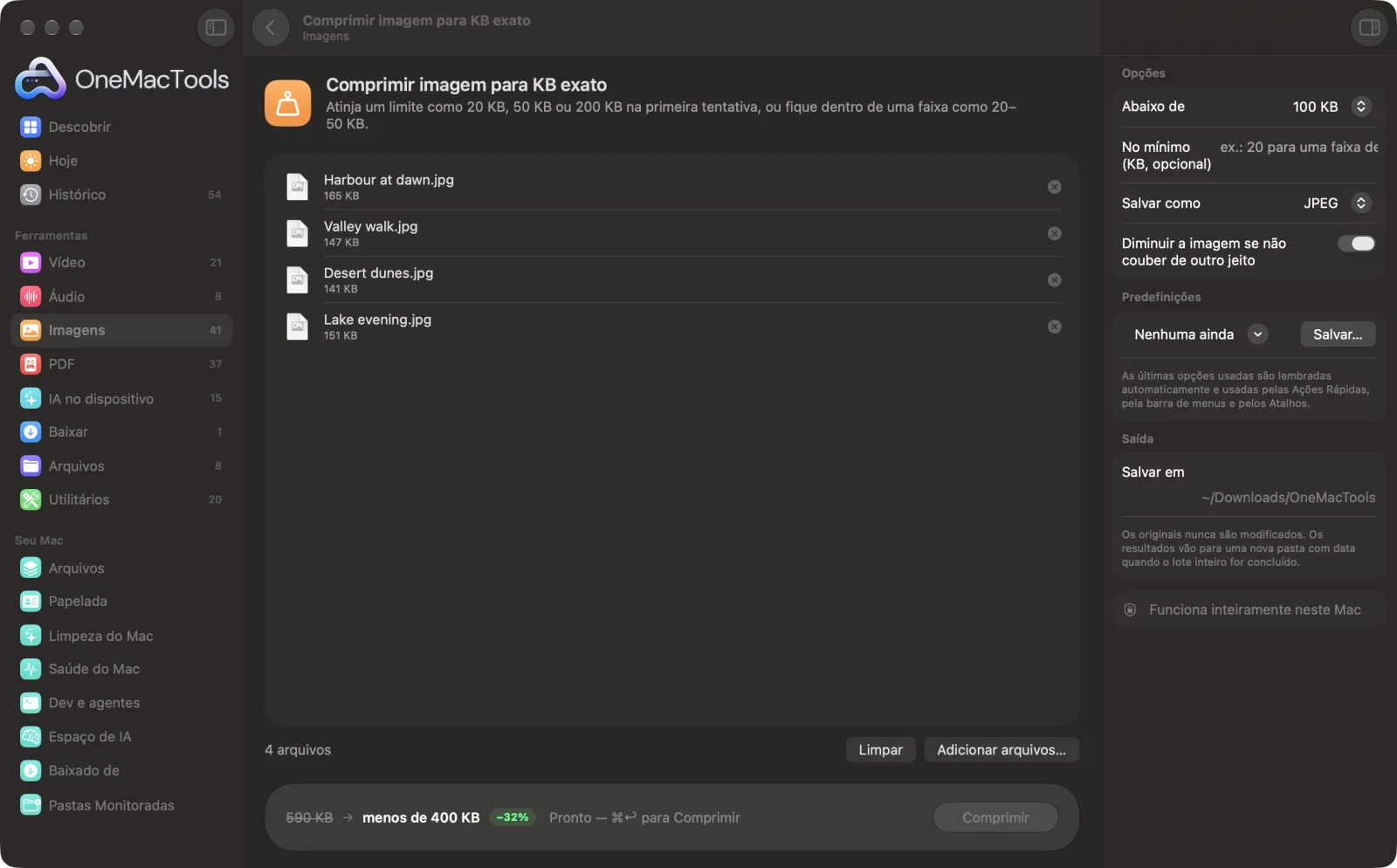 Comprimir imagem para KB exato no OneMacTools em um Mac, com arquivos de exemplo e suas opções