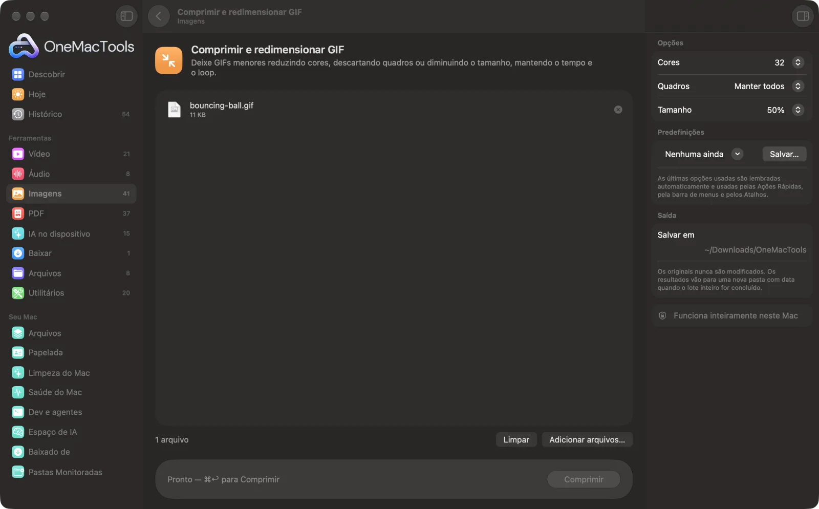 Comprimir e redimensionar GIF no OneMacTools em um Mac, com arquivos de exemplo e suas opções