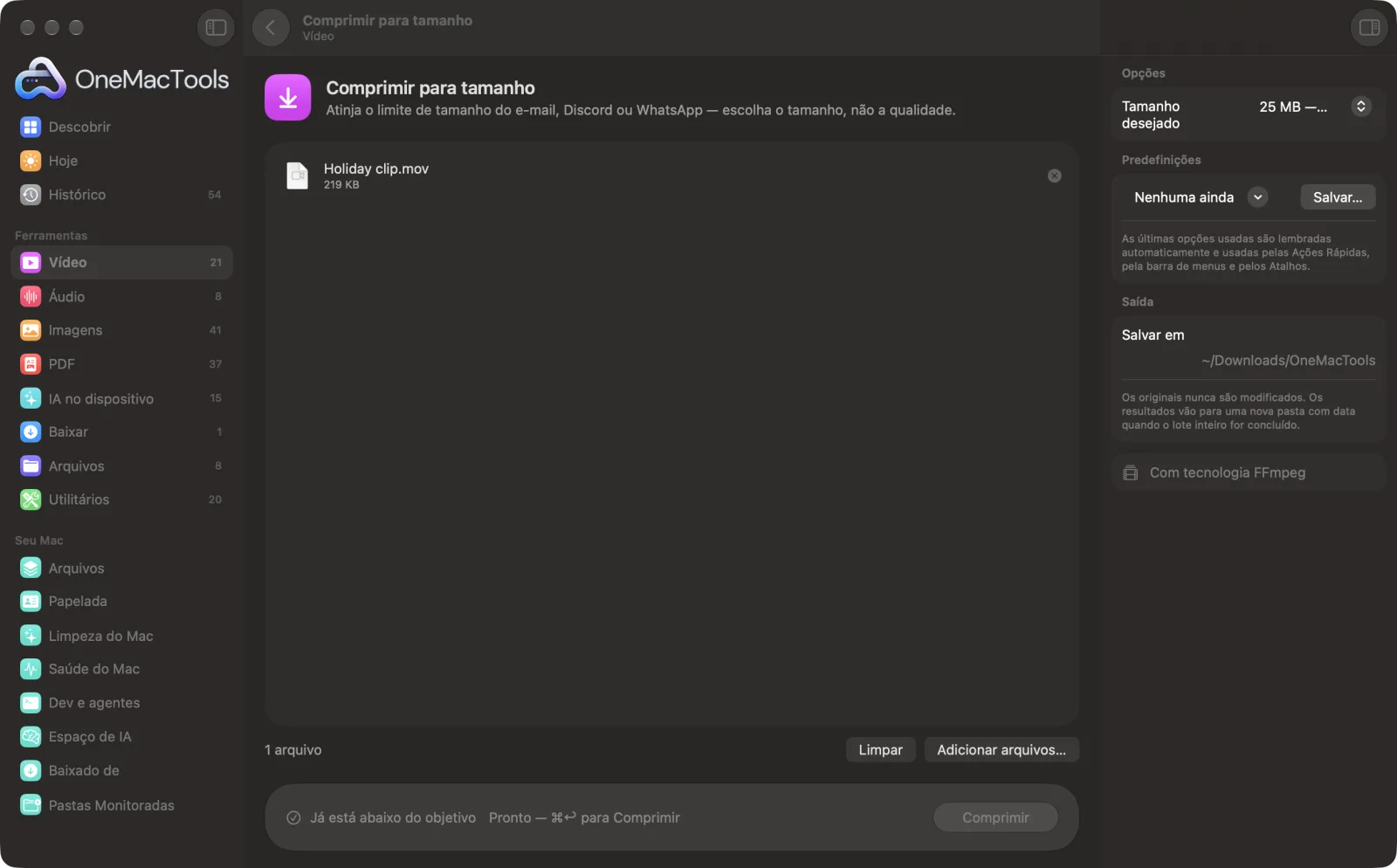 Comprimir para tamanho no OneMacTools com arquivos de exemplo carregados e o painel de opções aberto