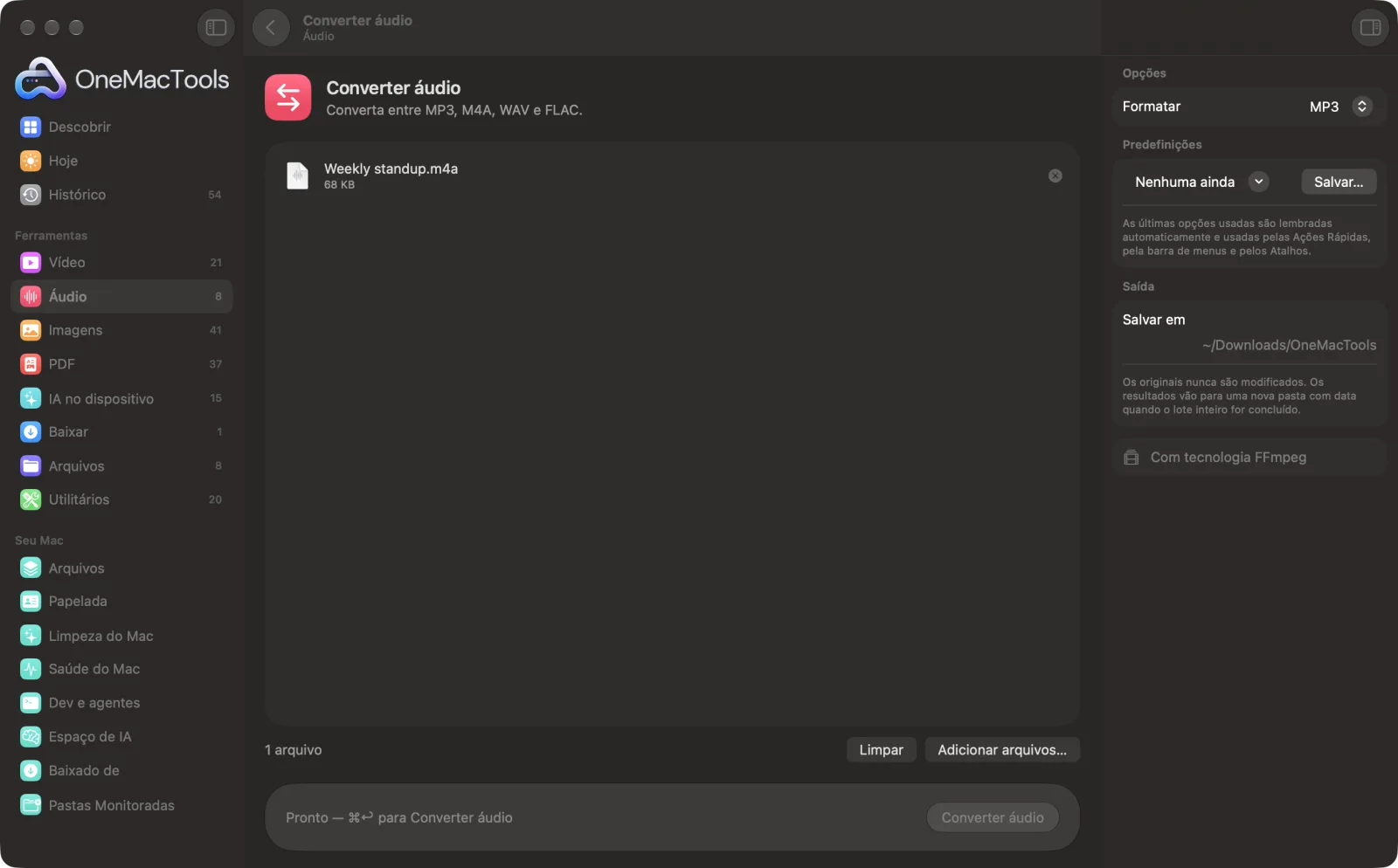Converter áudio no OneMacTools em um Mac, com arquivos de exemplo e suas opções