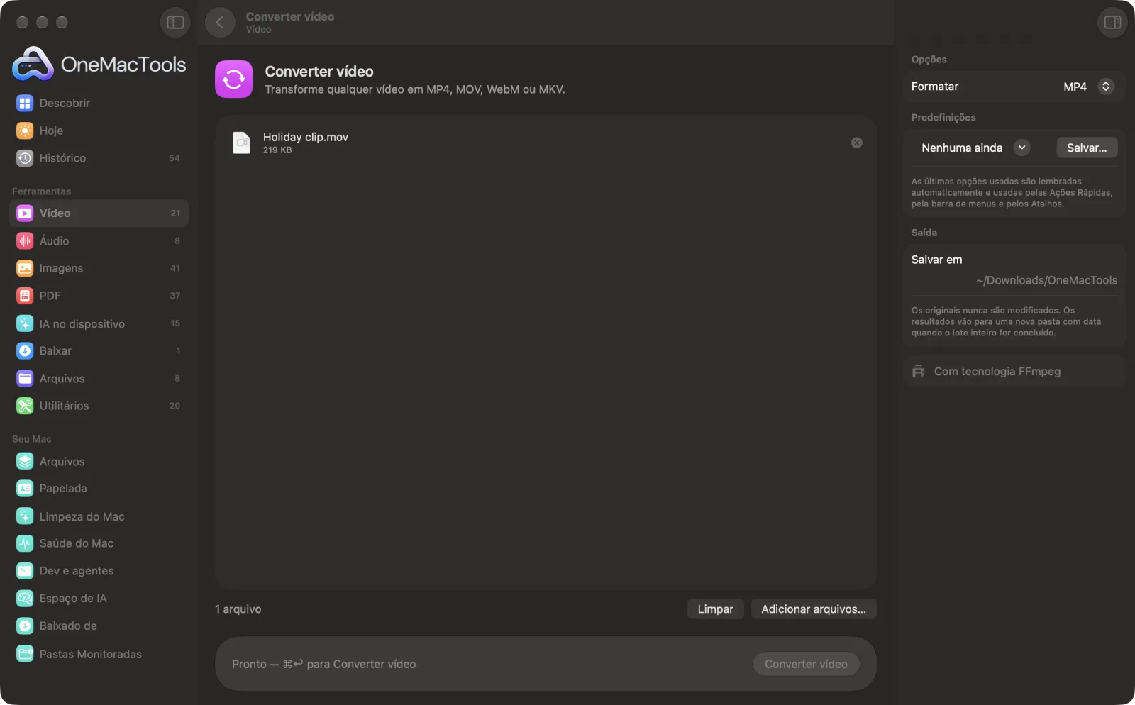 Converter vídeo no OneMacTools em um Mac, com arquivos de exemplo e suas opções
