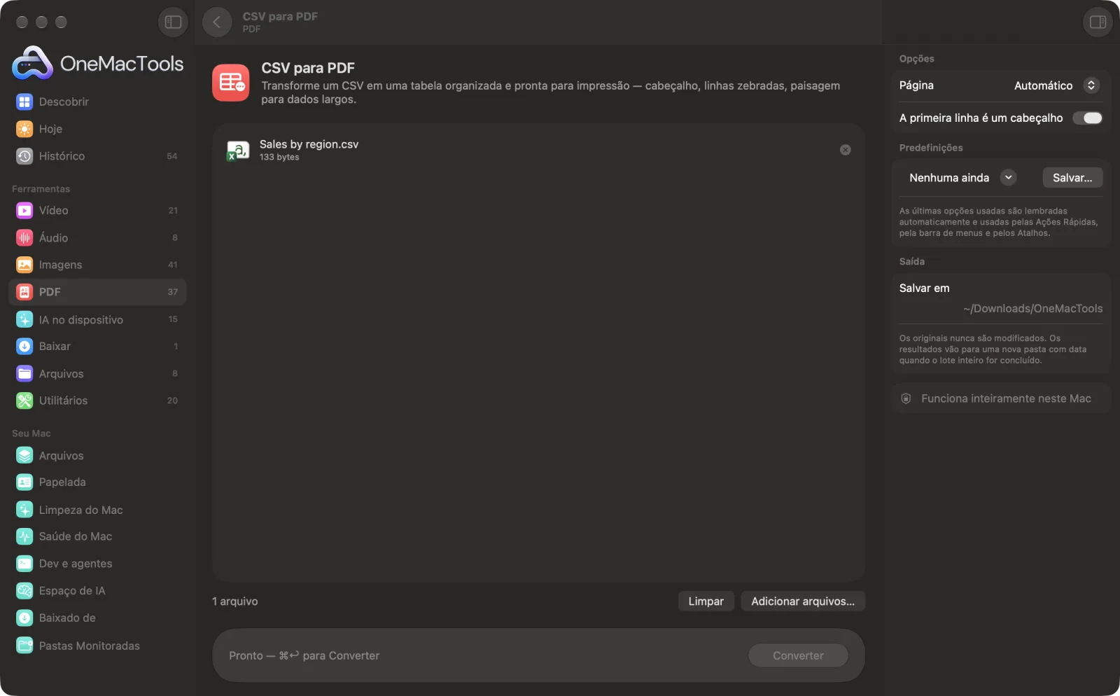 CSV para PDF no OneMacTools em um Mac, com arquivos de exemplo e suas opções