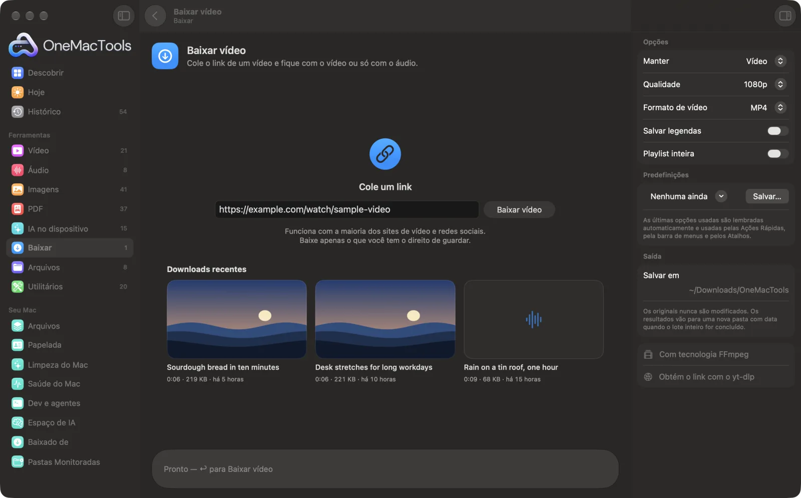Baixar vídeo no OneMacTools em um Mac, com arquivos de exemplo e suas opções