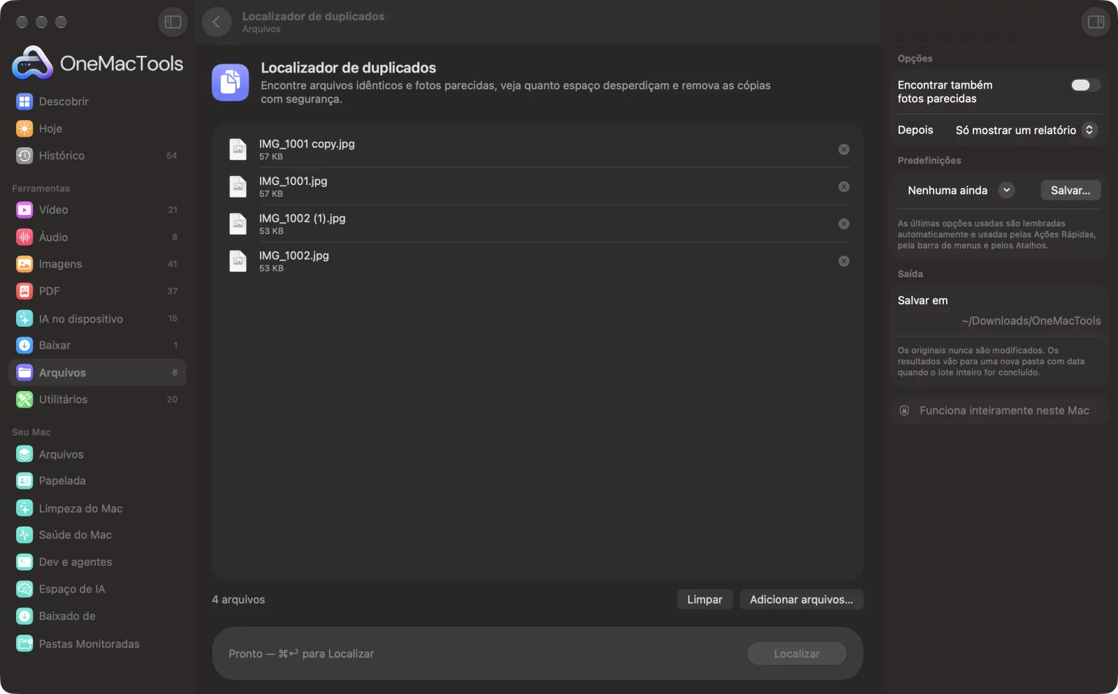 Localizador de duplicados no OneMacTools em um Mac, com arquivos de exemplo e suas opções