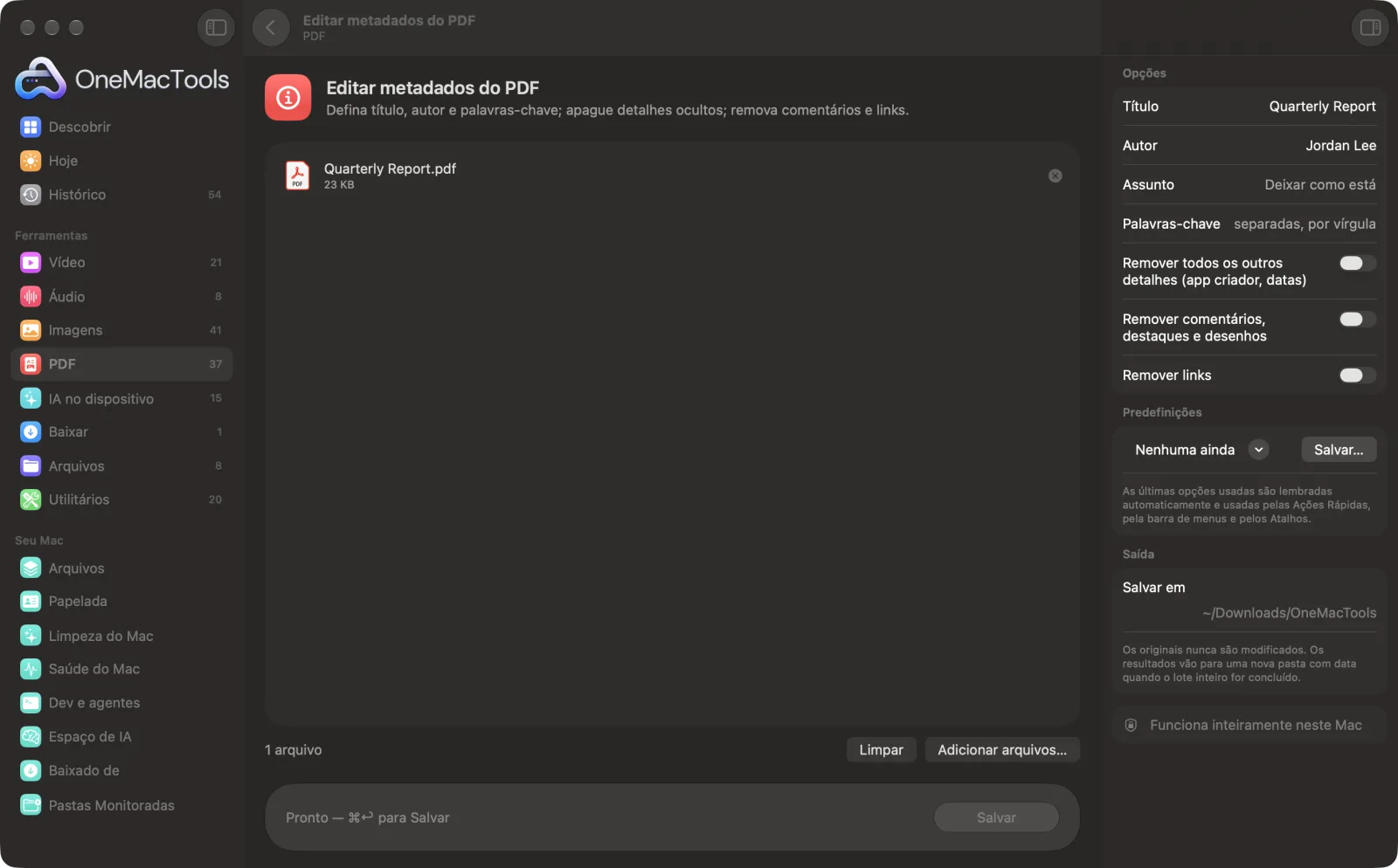 Editar metadados do PDF no OneMacTools em um Mac, com arquivos de exemplo e suas opções