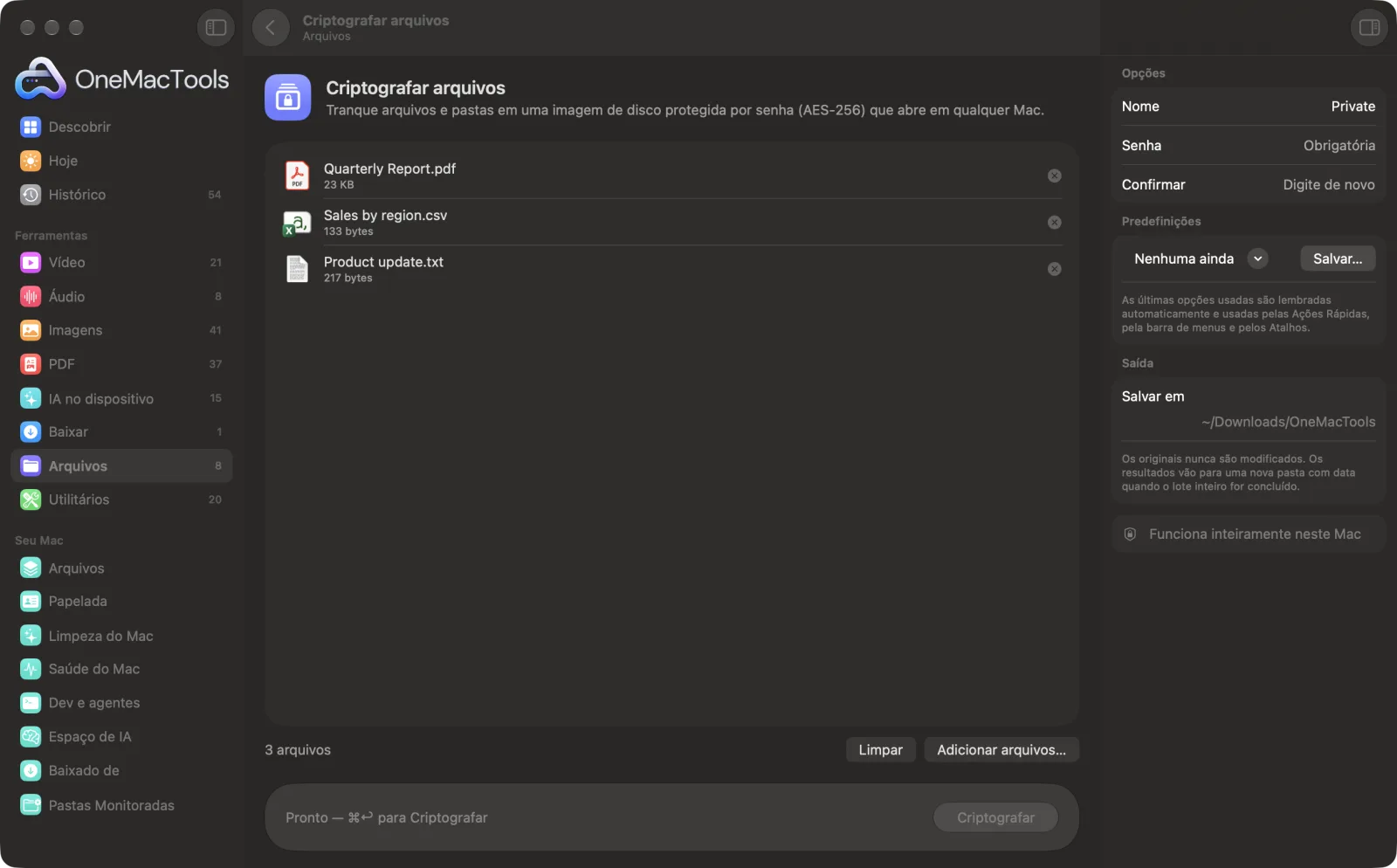 Criptografar arquivos no OneMacTools em um Mac, com arquivos de exemplo e suas opções