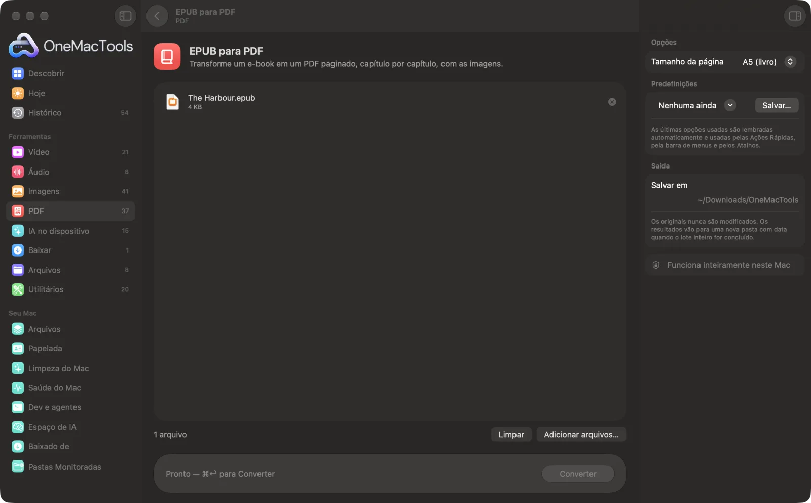 EPUB para PDF no OneMacTools em um Mac, com arquivos de exemplo e suas opções