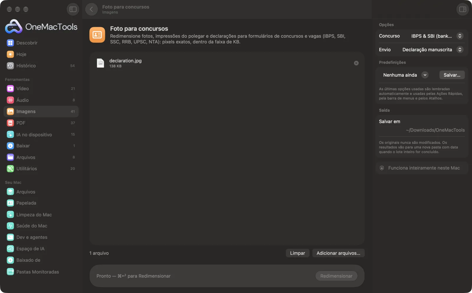 Foto para concursos no OneMacTools em um Mac, com arquivos de exemplo e suas opções