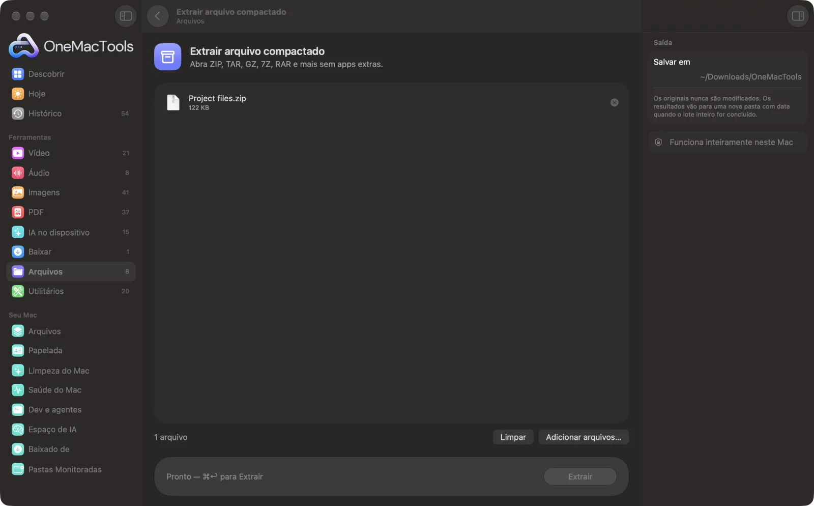 Extrair arquivo compactado no OneMacTools em um Mac, com arquivos de exemplo e suas opções